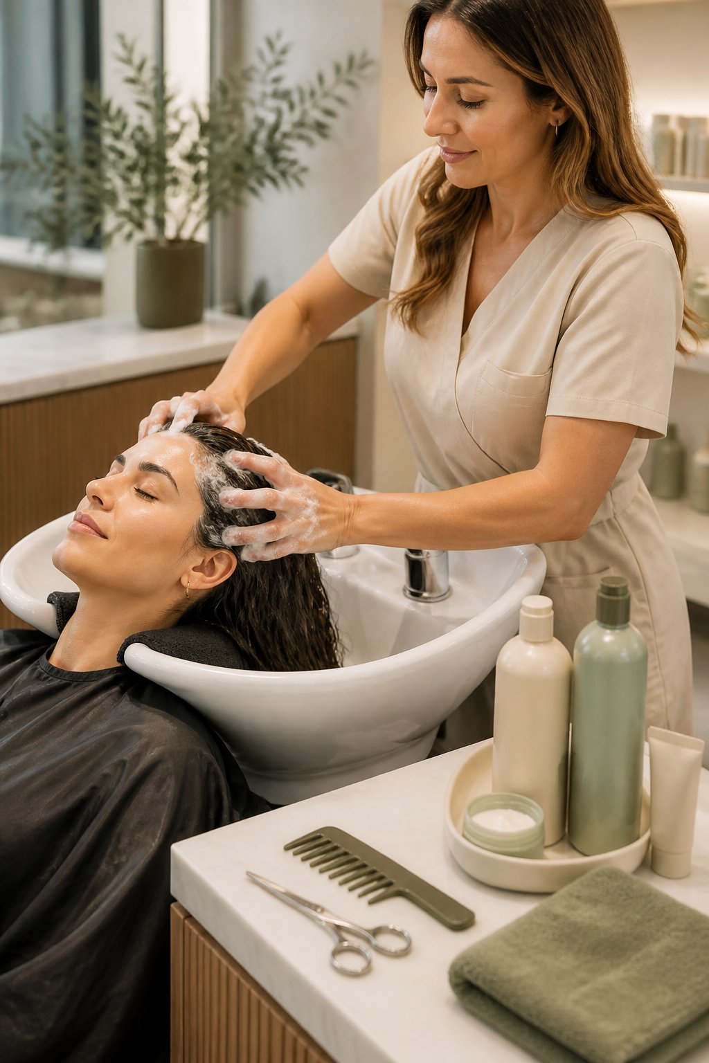 Hair-cleansing products, conditioning treatment, and trimming scissors arranged for a care schedule.