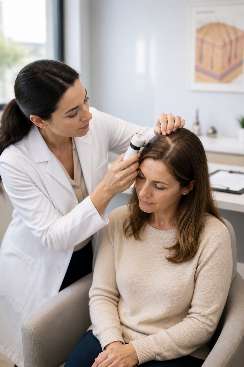 Hair specialist closely examining a woman's scalp and part for signs of thinning hair or hair loss.