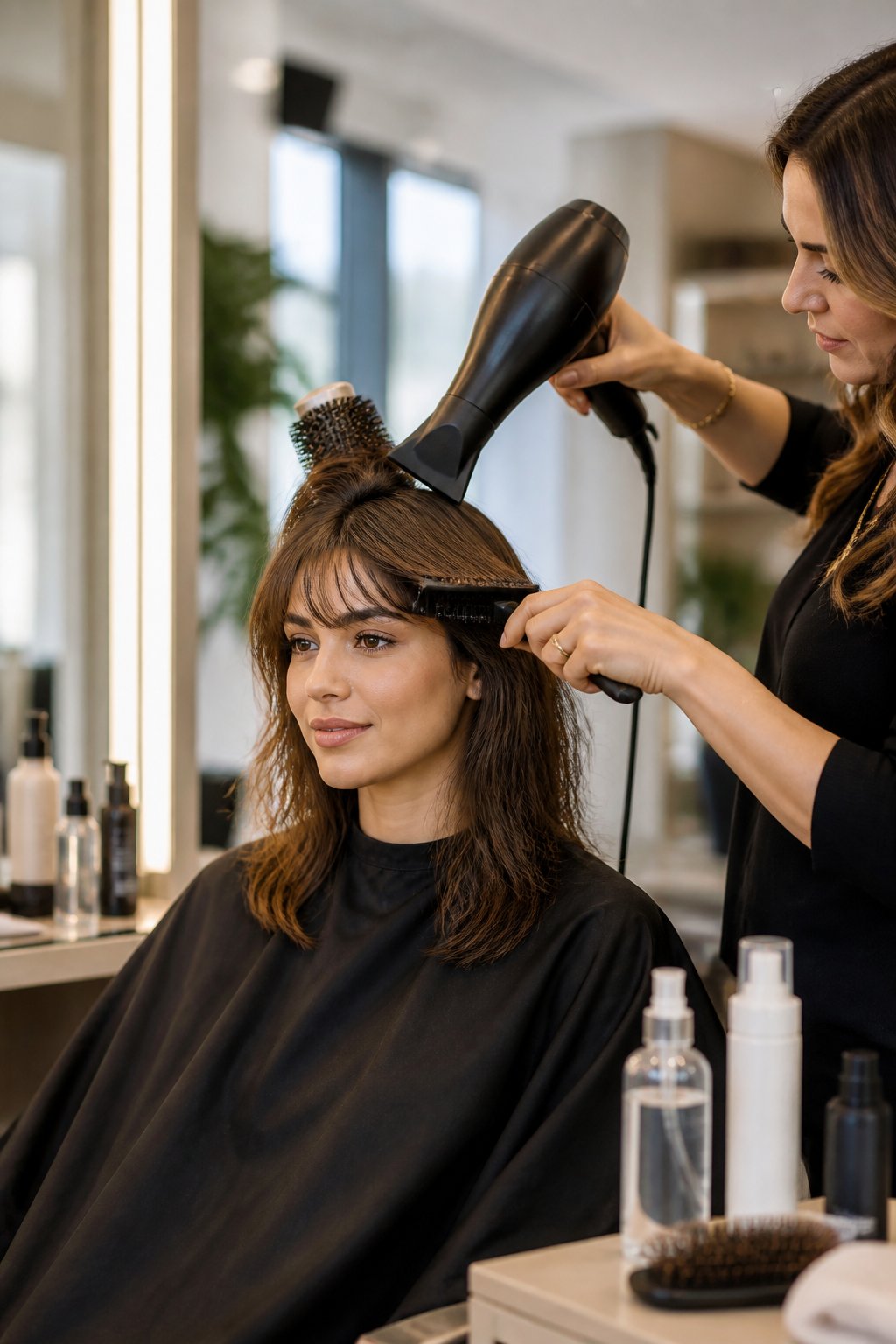 Hairstylist blow-drying a client's long hair with a round brush for root volume.