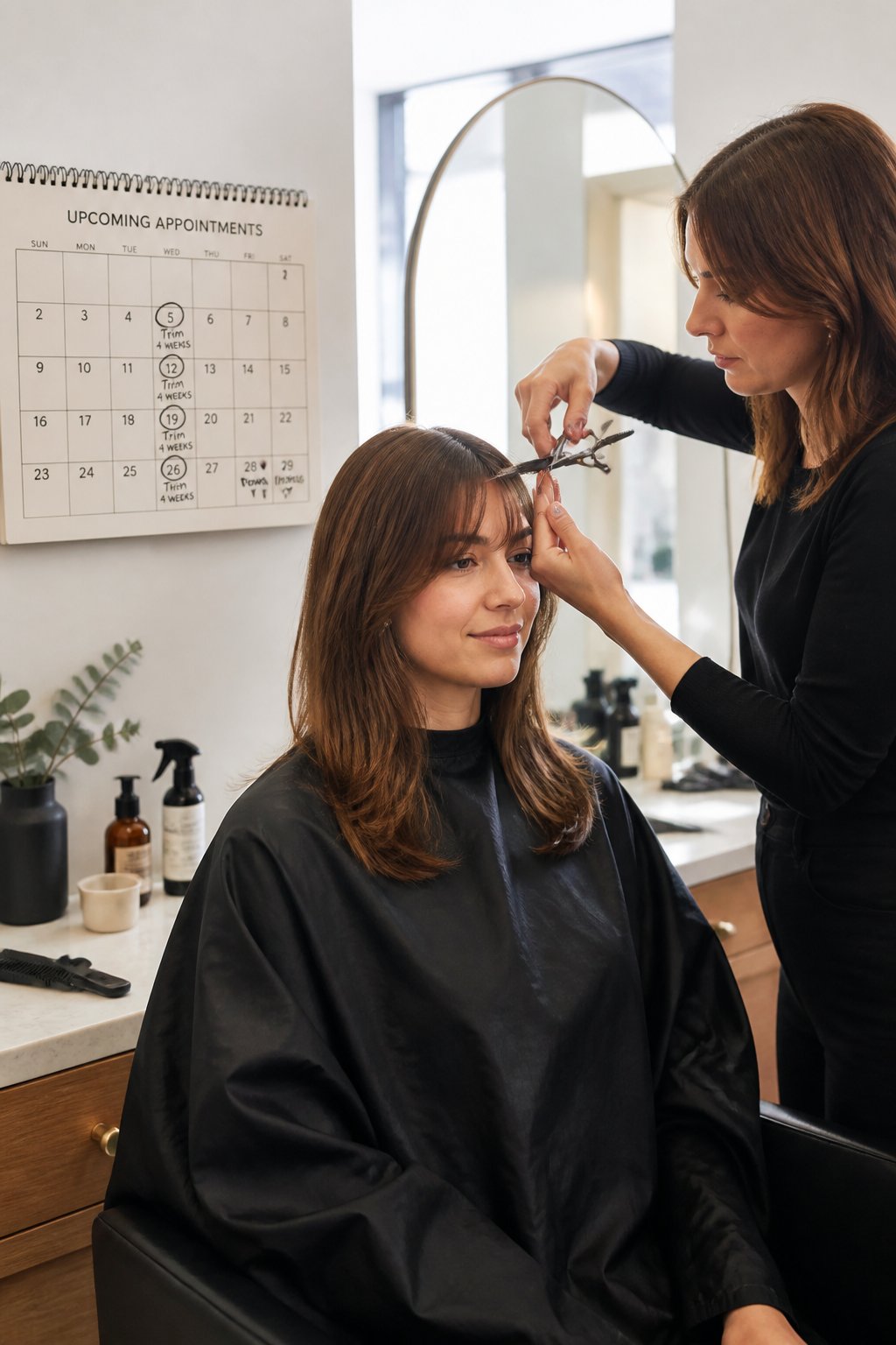 Hairstylist trimming a client's bangs in a bright salon.