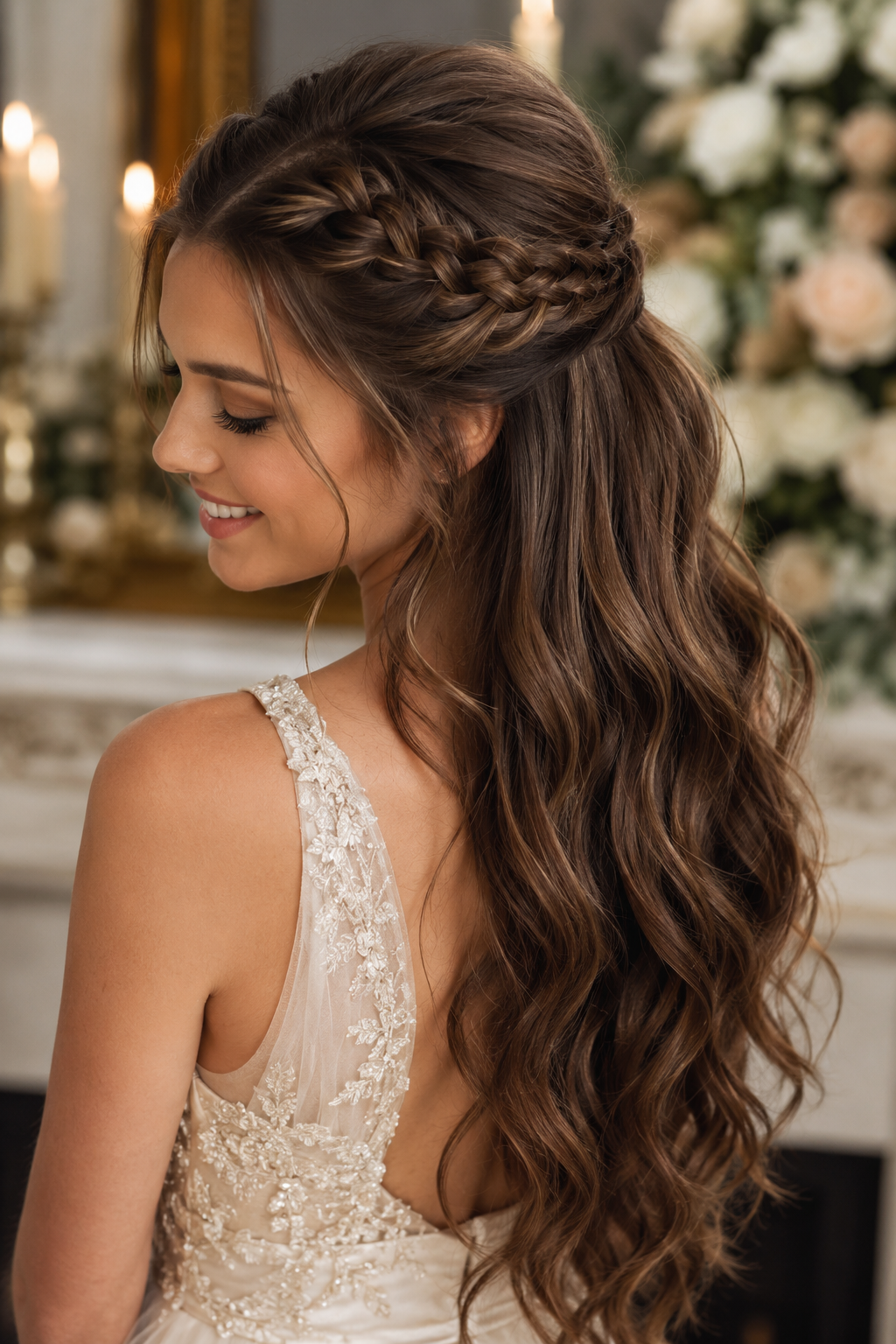 Half-up hairstyle featuring a French braid across the crown with loose curls below.