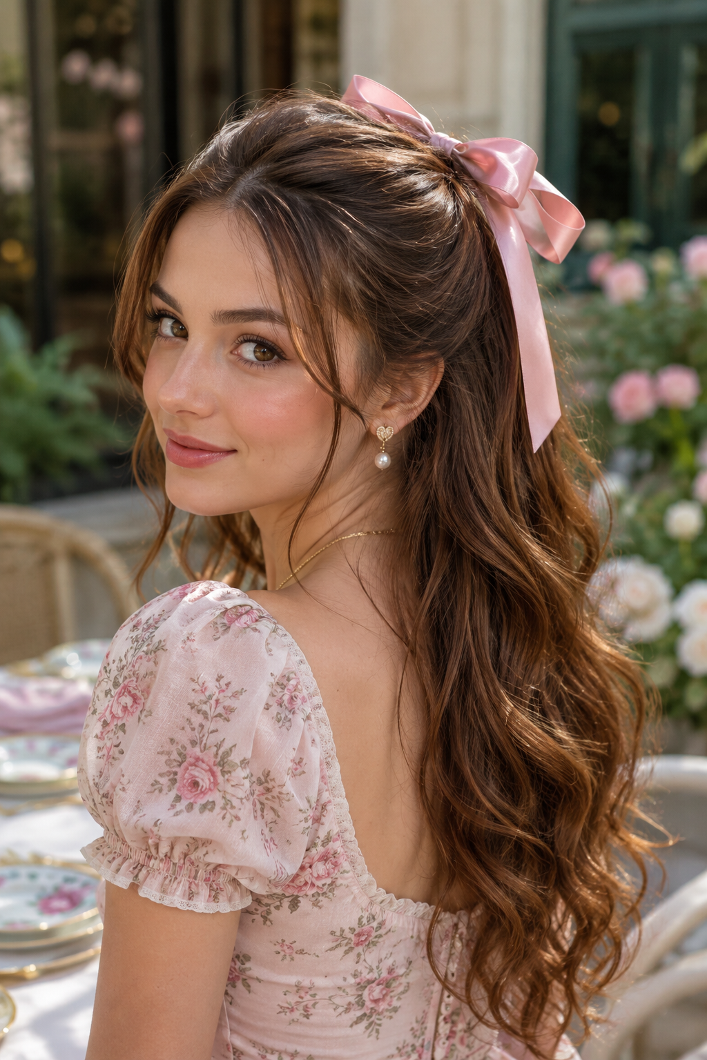 Half-up hairstyle secured with a pink bow, with long loose waves underneath.