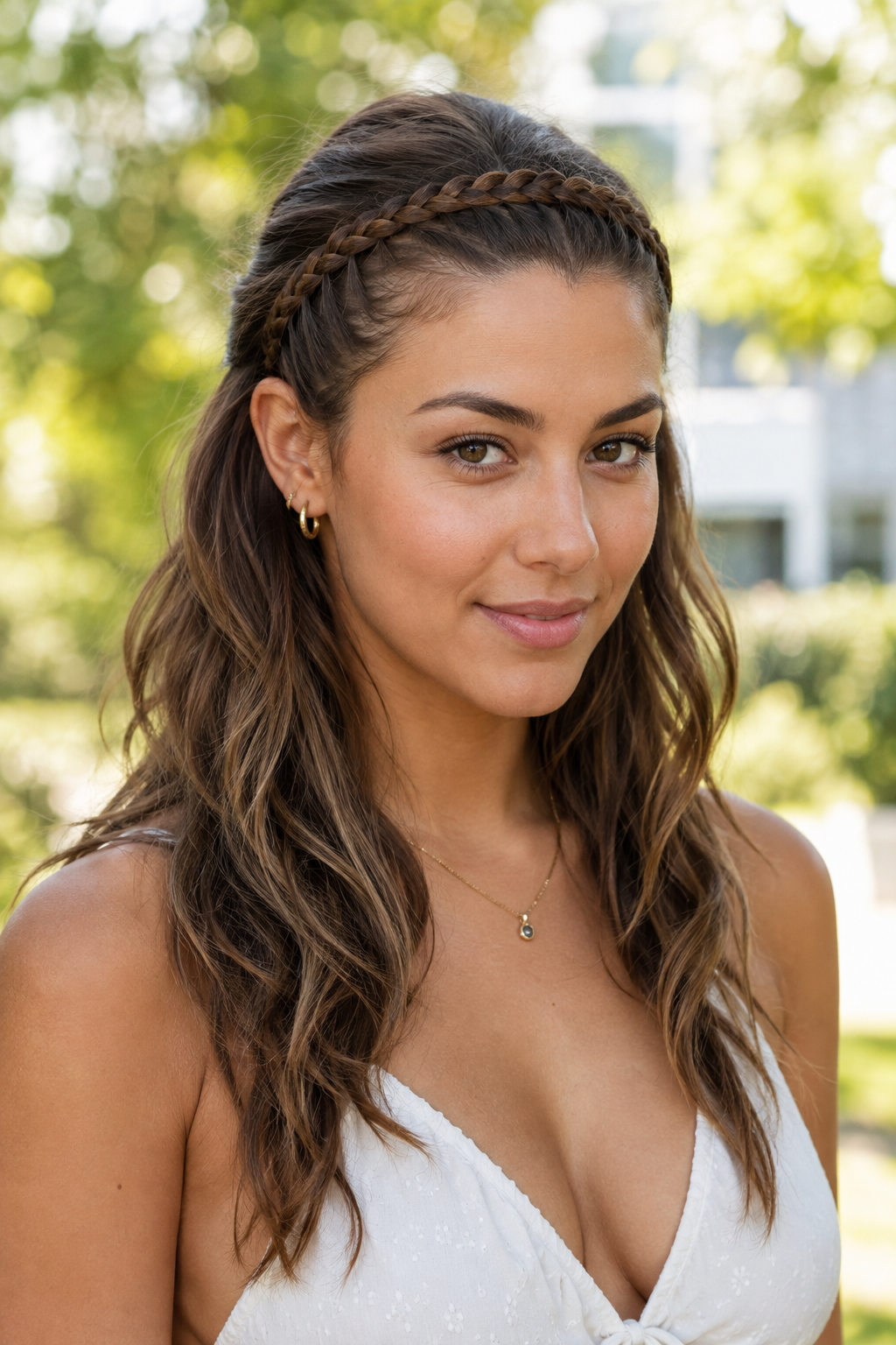 Half-up hairstyle with a braided headband across the hairline and loose waves.