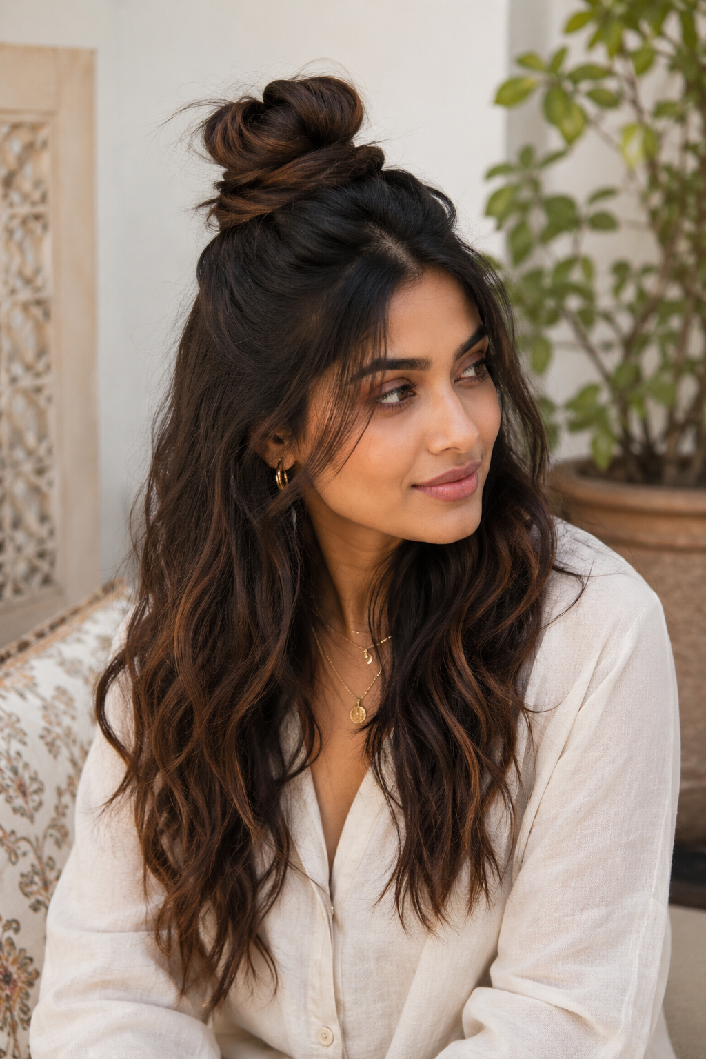 Half-up hairstyle with a delicate halo braid wrapped around the crown.