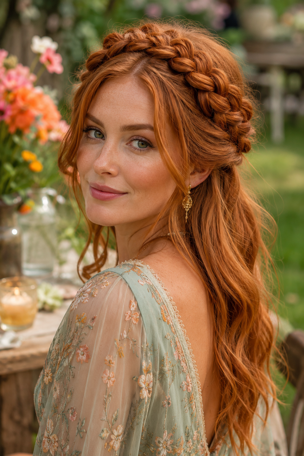 Half-up hairstyle with a raised Dutch braid crown and flowing waves.