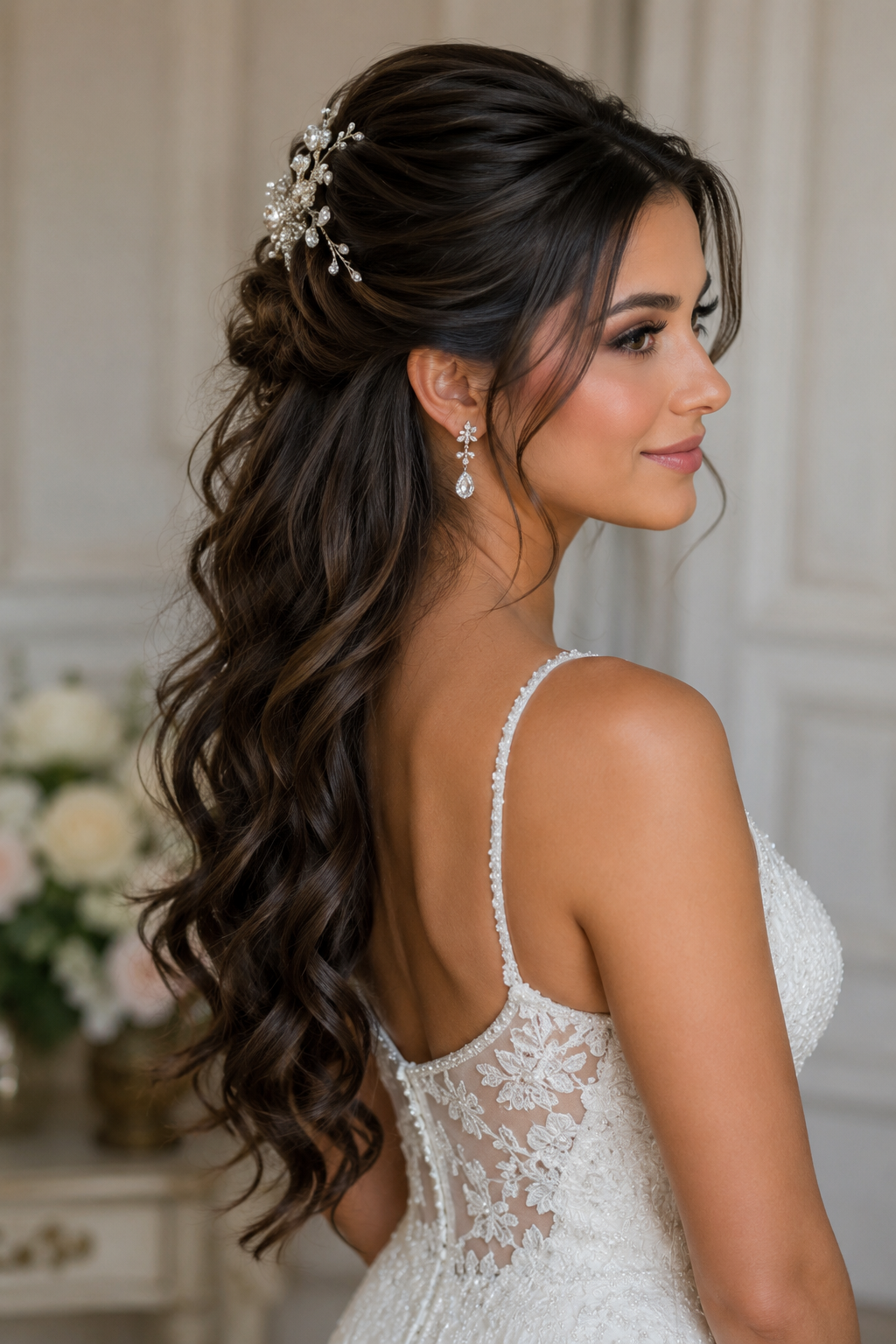 Half-up hairstyle with a small braided bun at the crown and soft waves below.