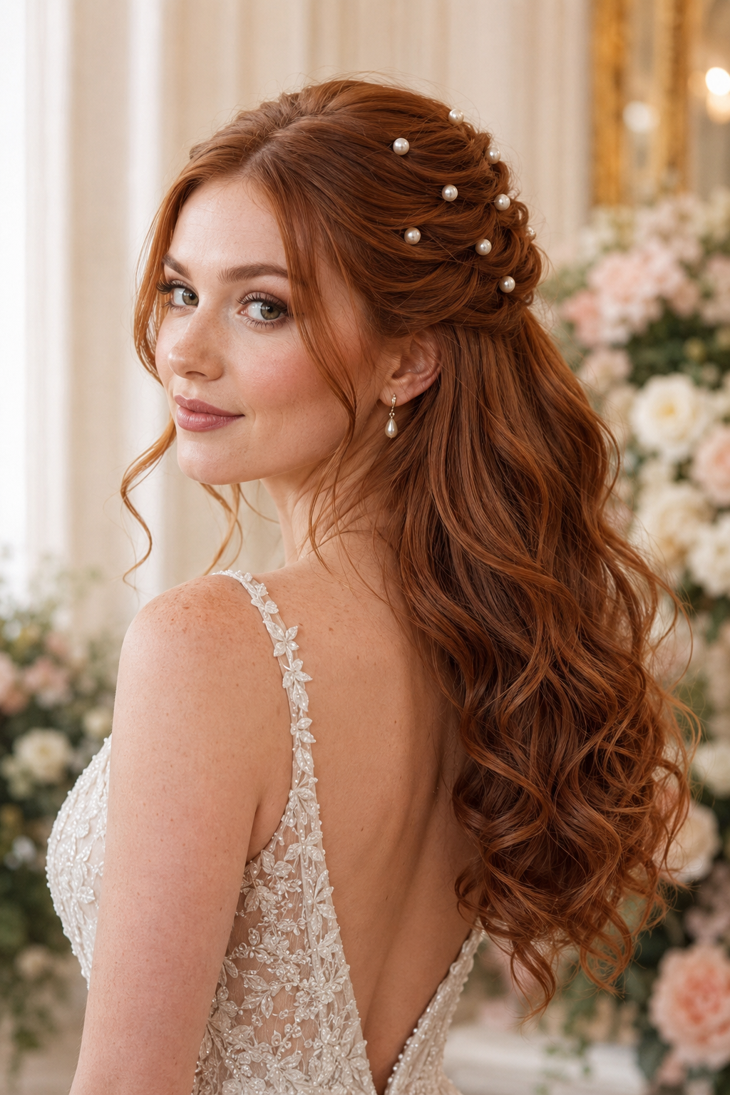 Half-up hairstyle with a small low bun and long, loose waves beneath it.