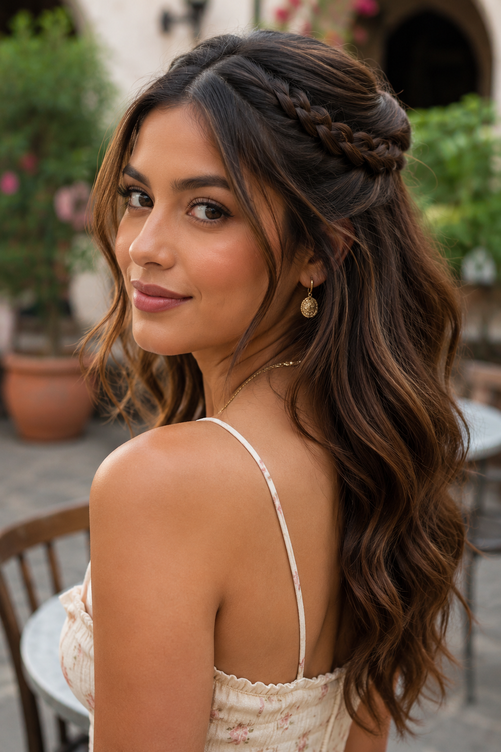 Half-up hairstyle with a thin side braid blended into long, soft waves.