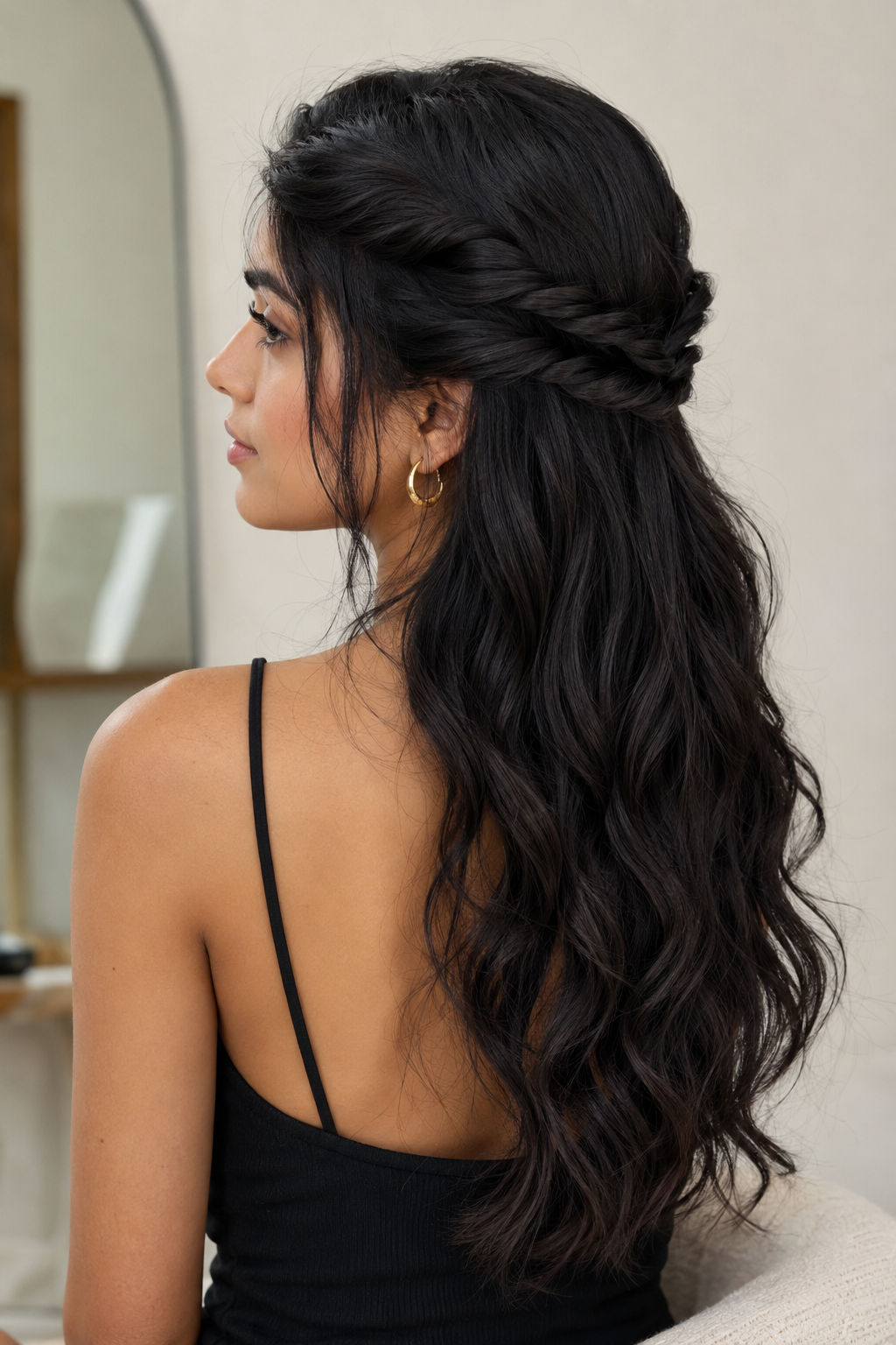 Half-up hairstyle with rope-twisted sections meeting at the crown above long waves.