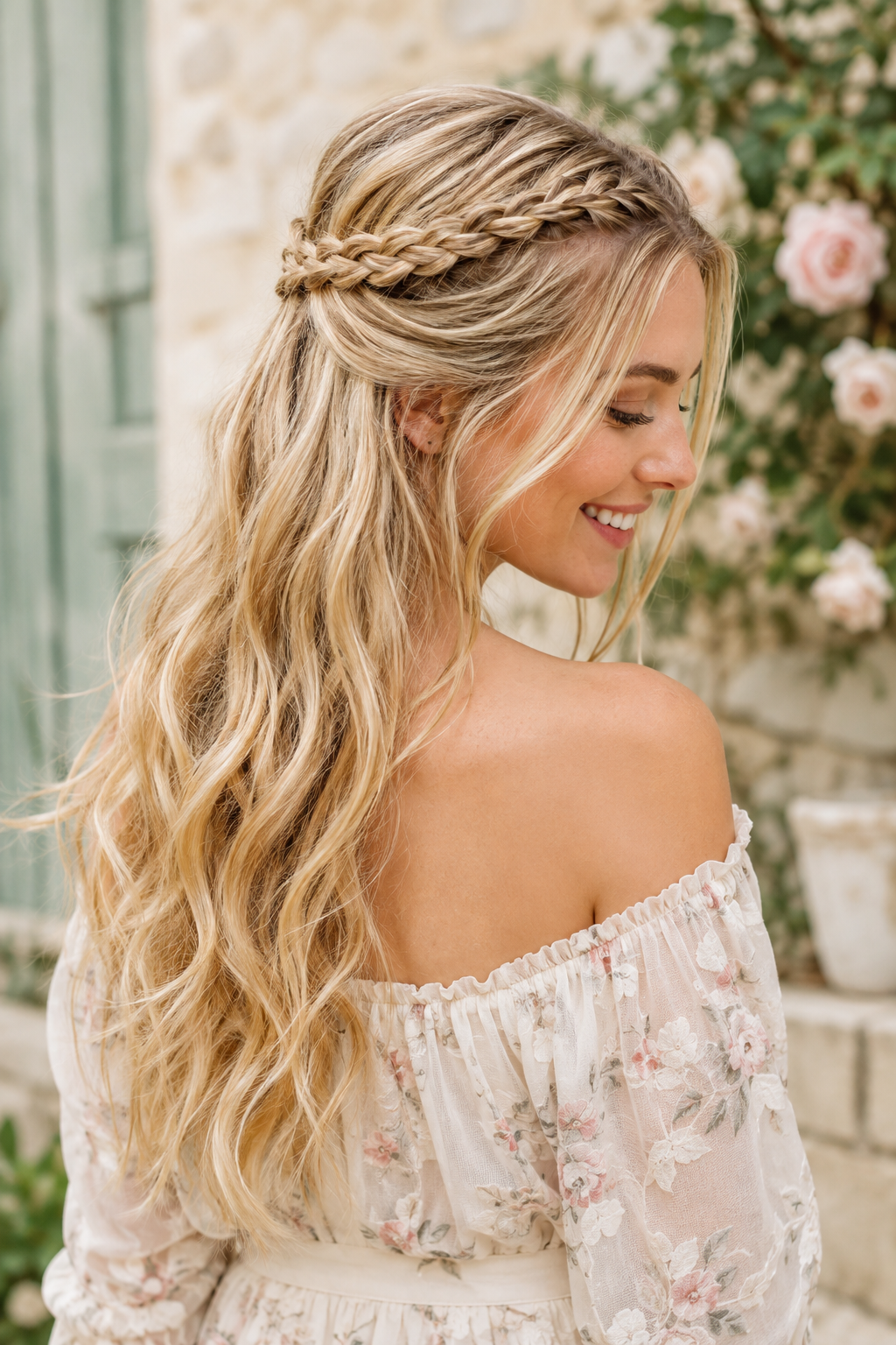 Half-up hairstyle with tousled, textured waves and a softly gathered crown.