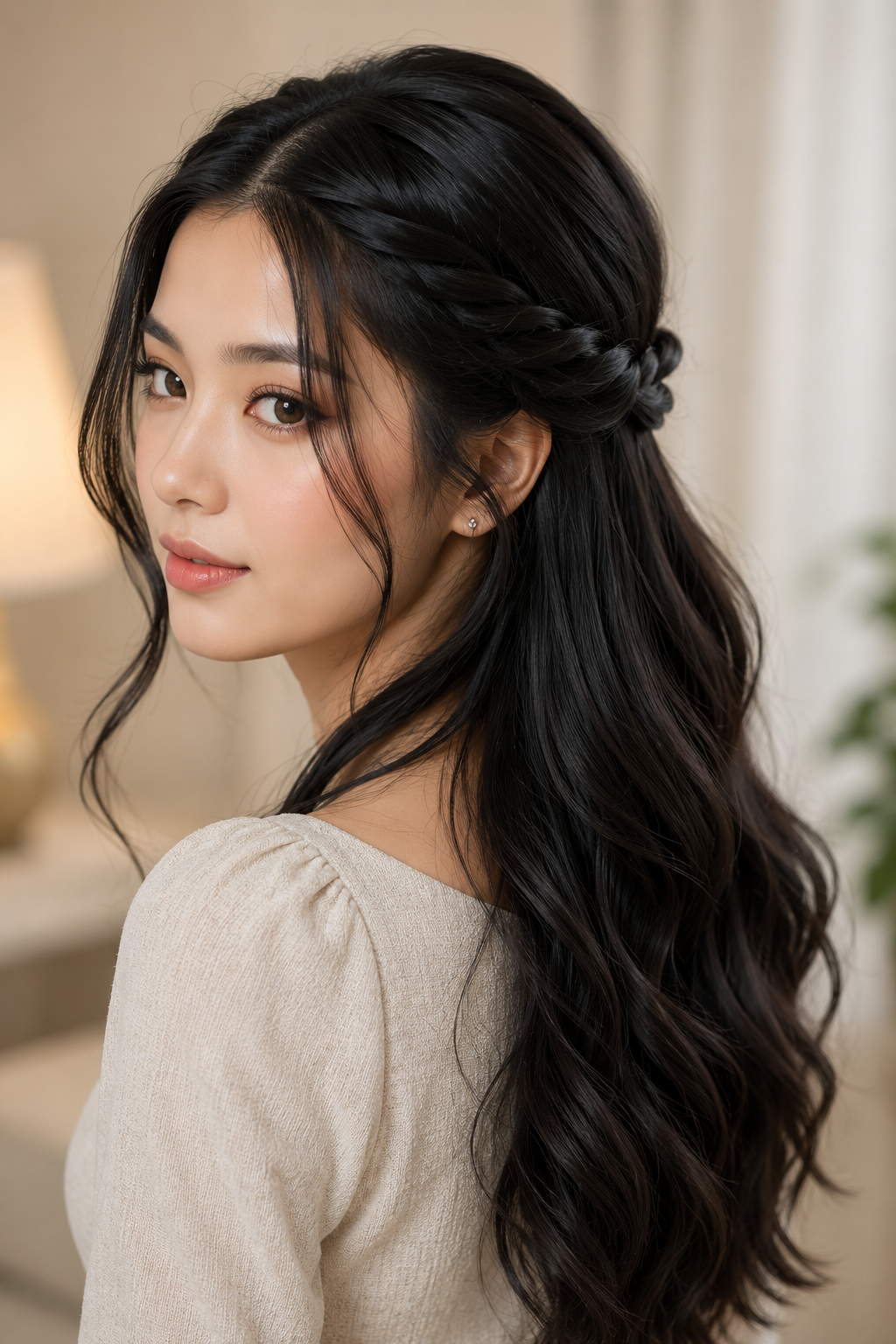 Half-up hairstyle with twisted side sections pinned at the back and loose waves below.