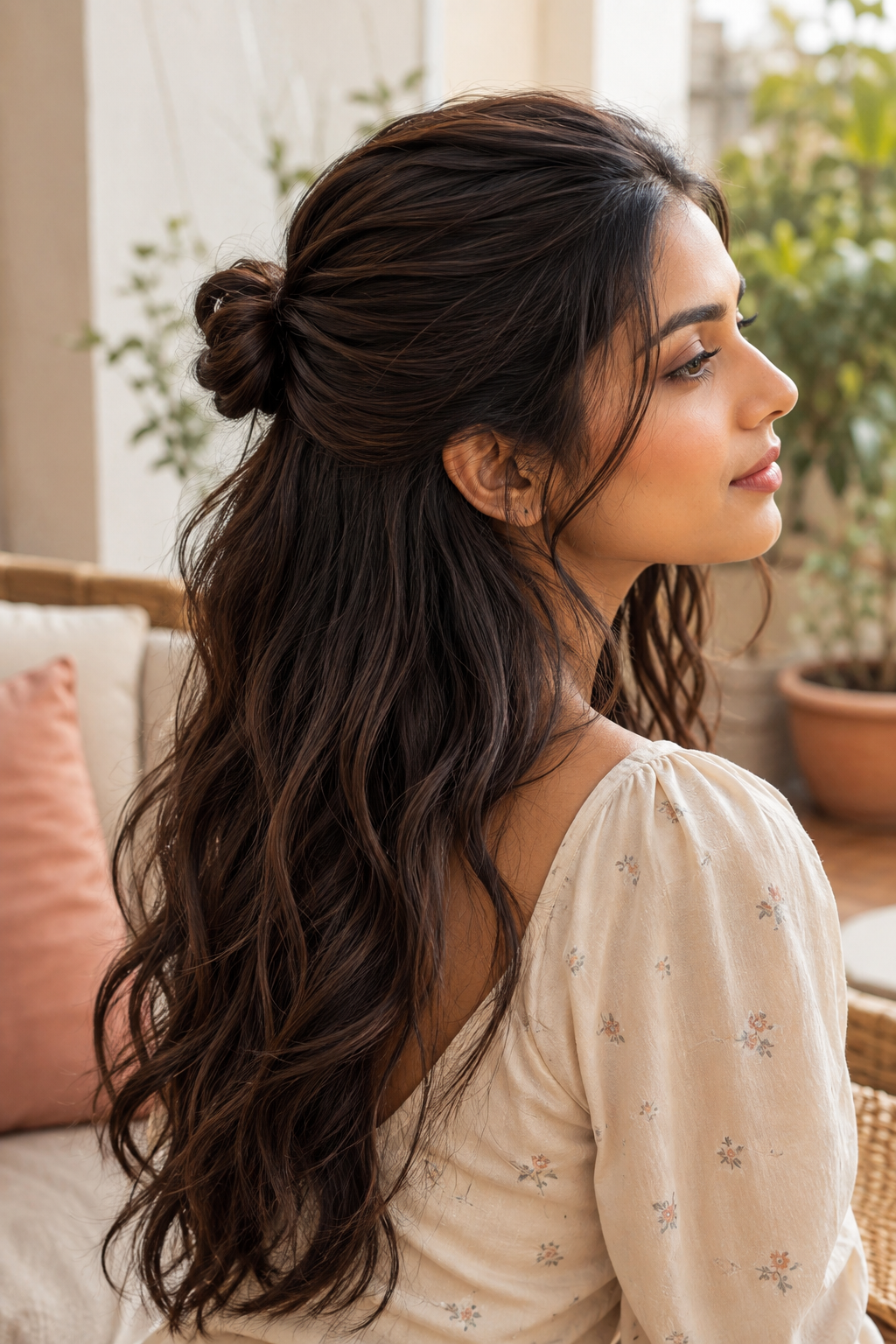 Half-up hairstyle with two slim braids framing the crown and loose curls below.