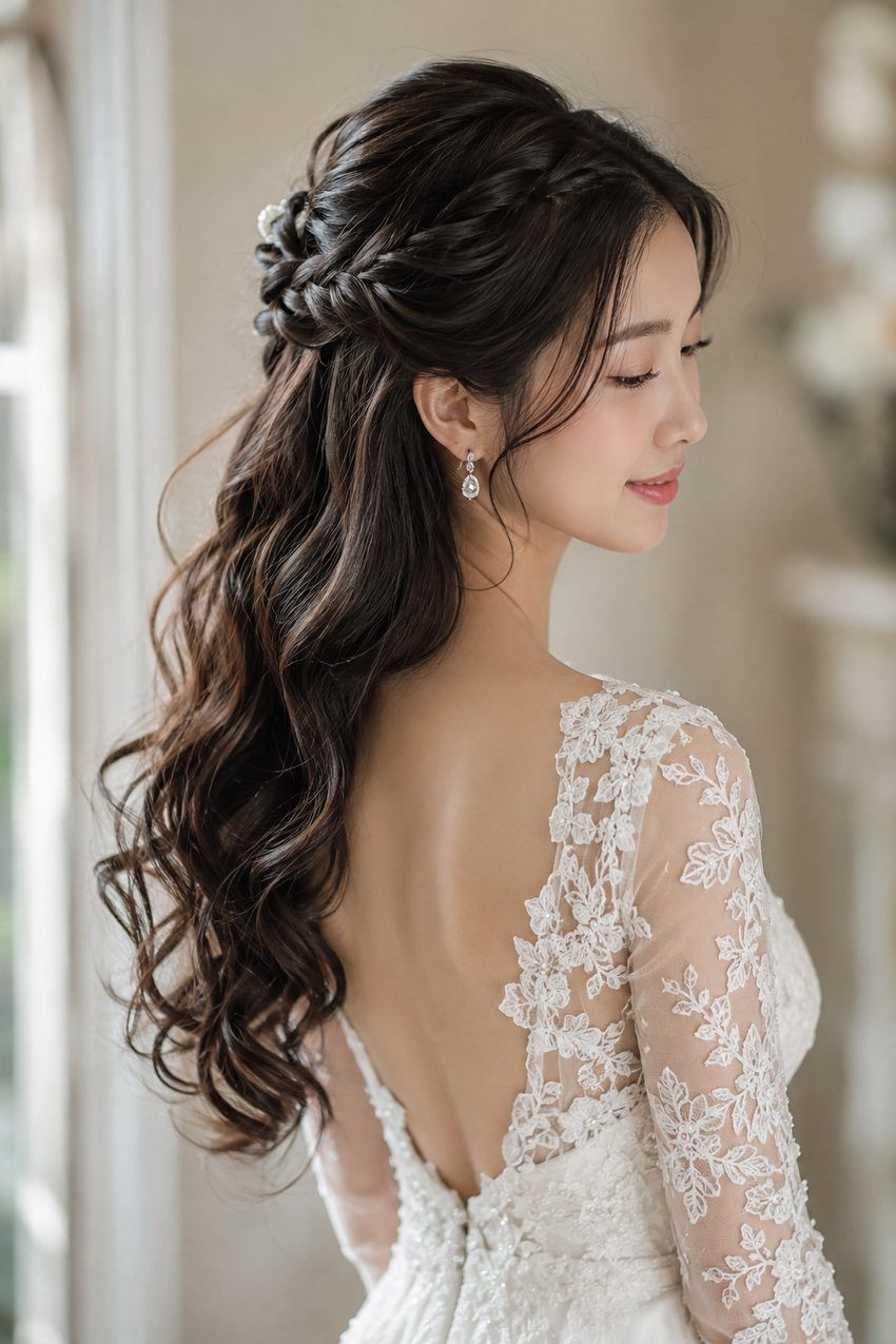 Half-up half-down bridal hairstyle with soft curls
