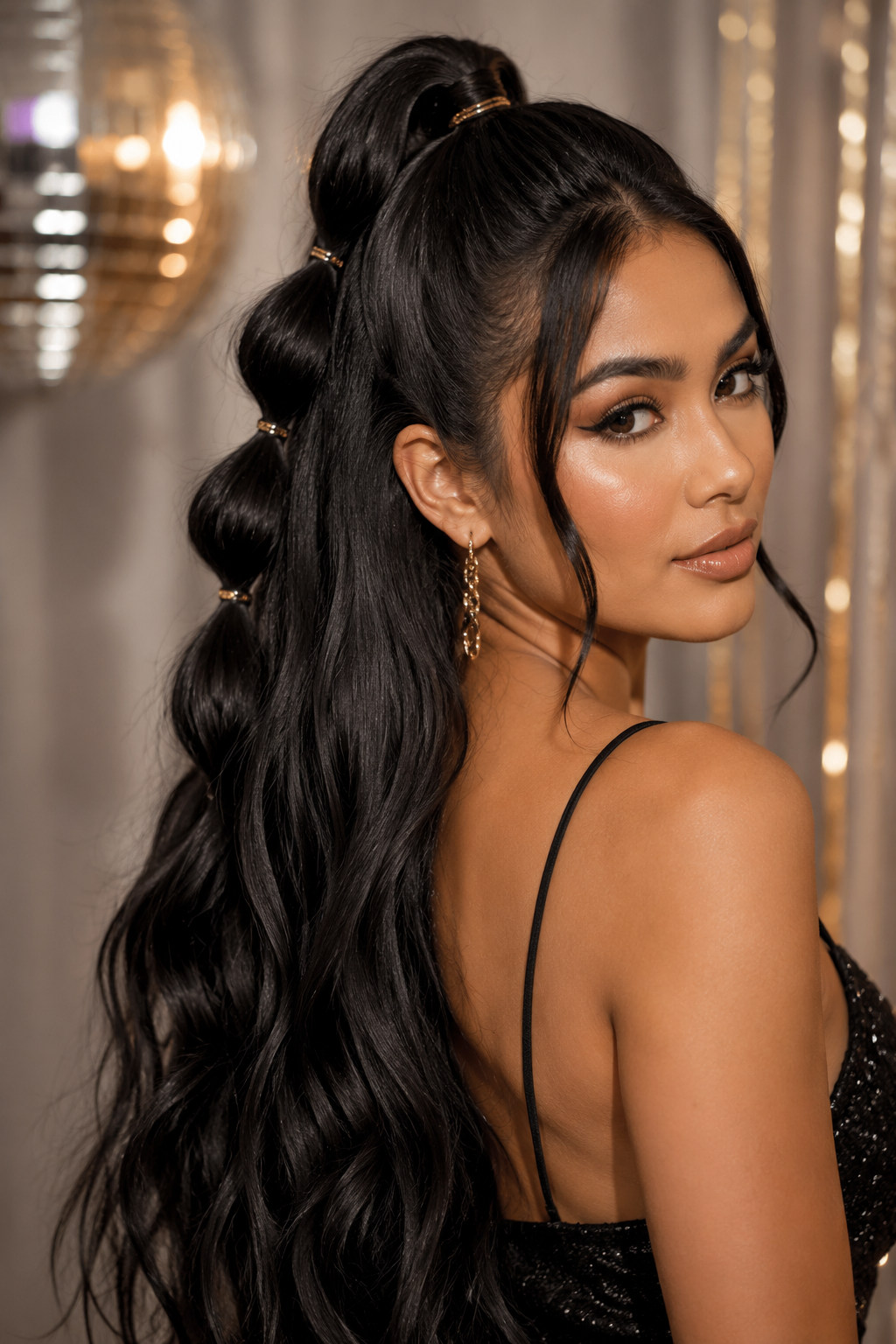 High half-up bubble ponytail with rounded sections and long glossy waves.
