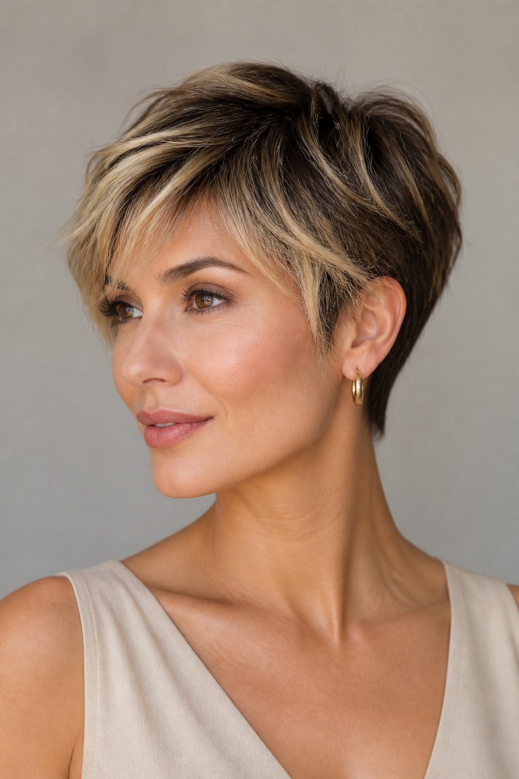 Highlighted pixie haircut with lighter face-framing pieces and dimensional highlights through the crown.