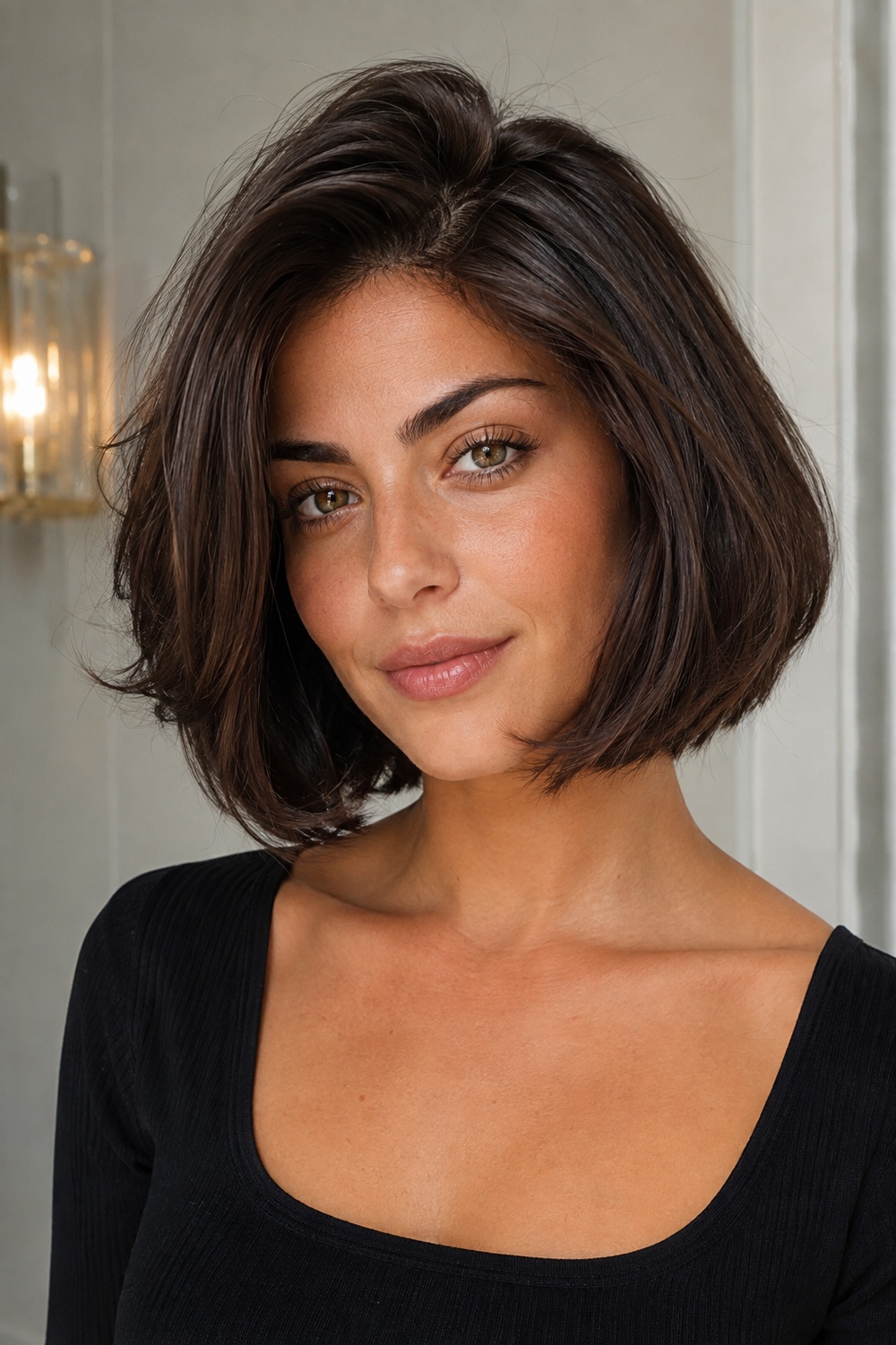 Italian bob for a heart-shaped face with fullness near the jaw and a softly balanced shape.