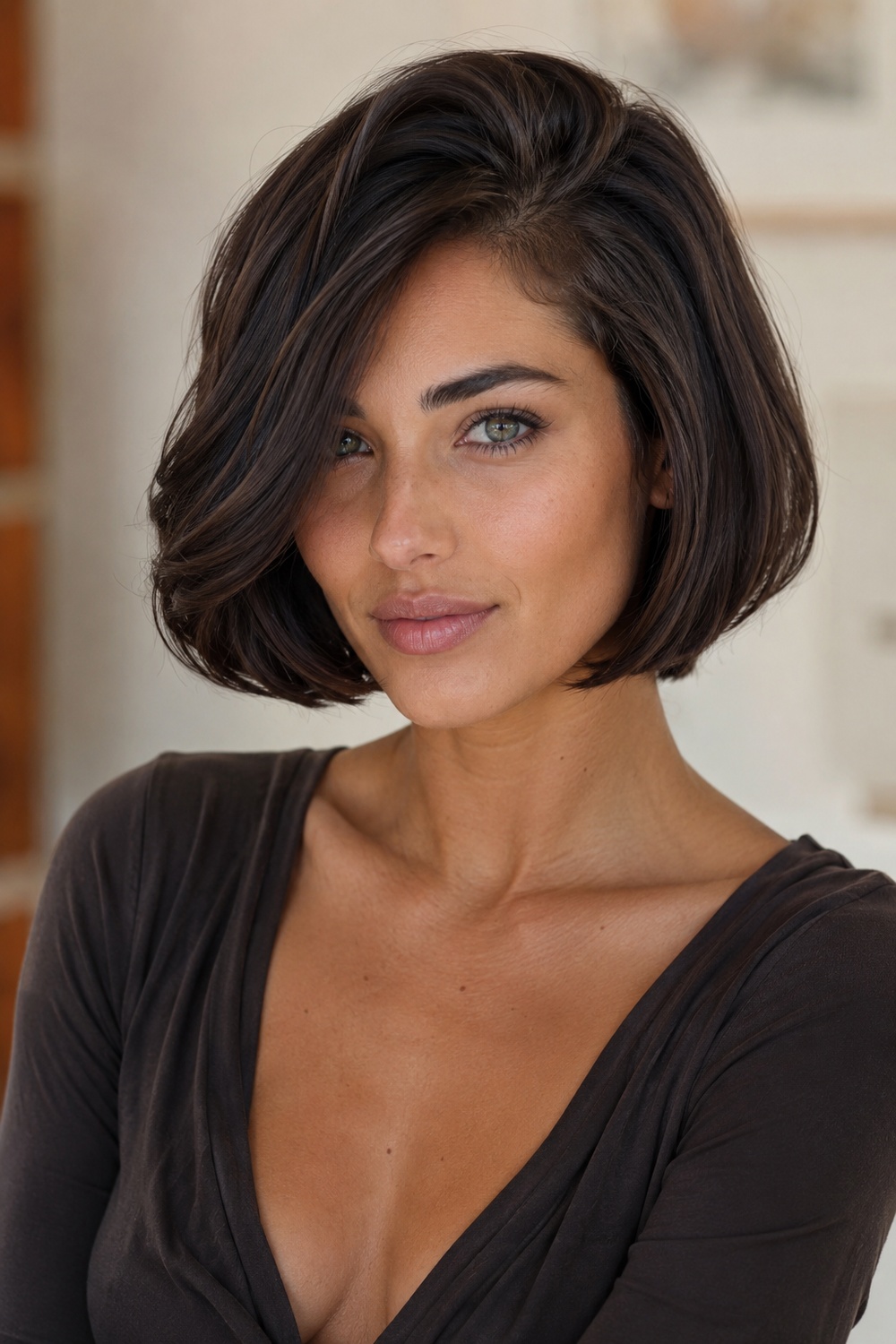 Italian bob with a side part, root lift, and softly curved asymmetrical shape.