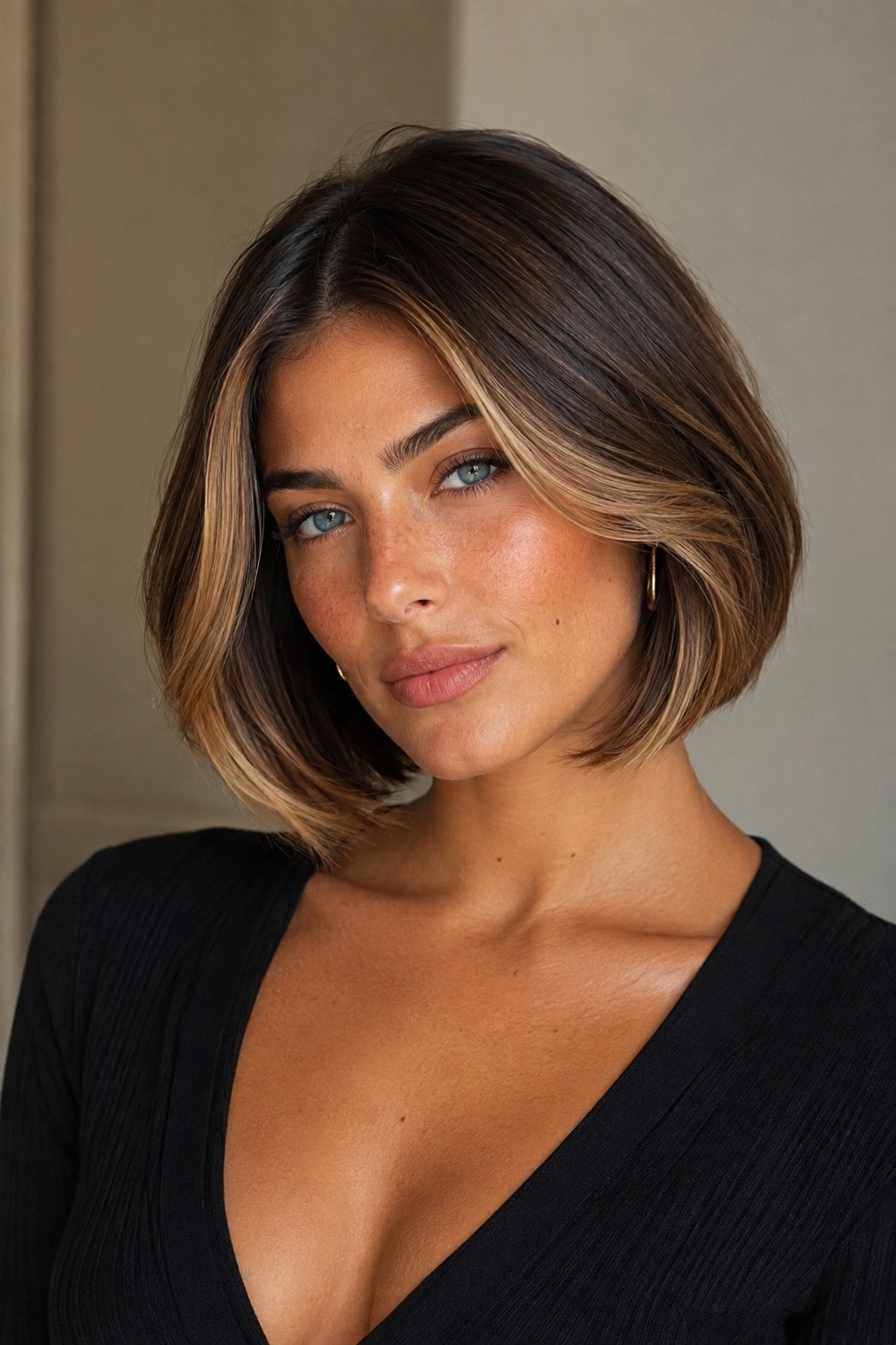 Italian bob with bright face-framing highlights placed around the cheekbones and front sections.