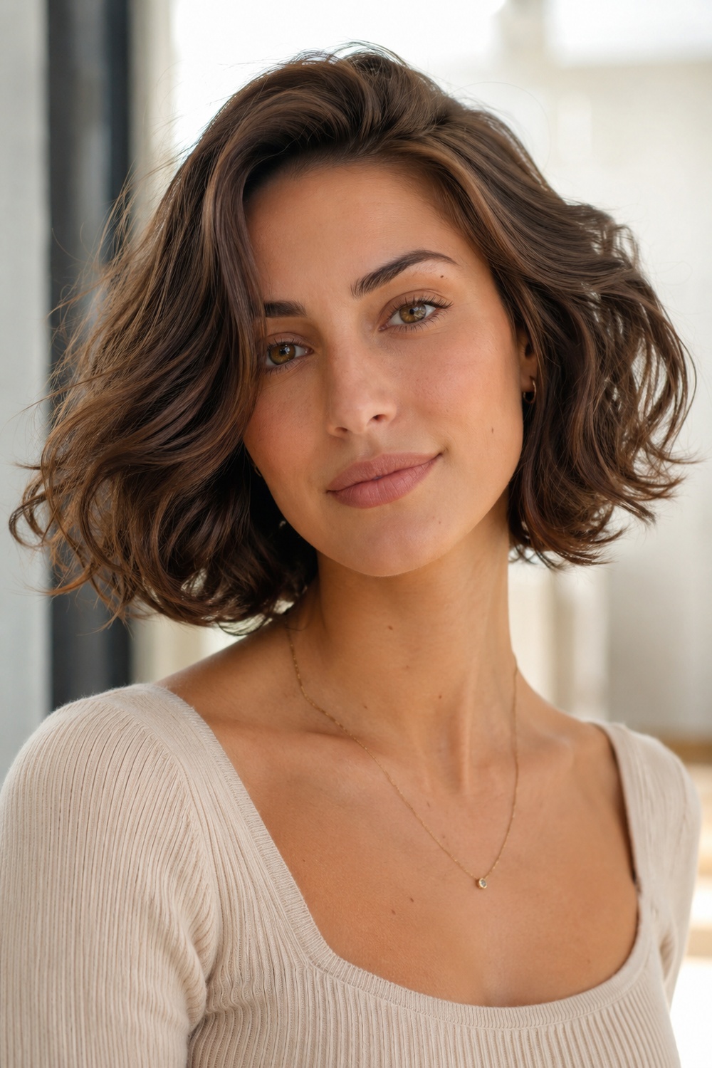Italian bob with large loose curls that add relaxed body and modern glamour.