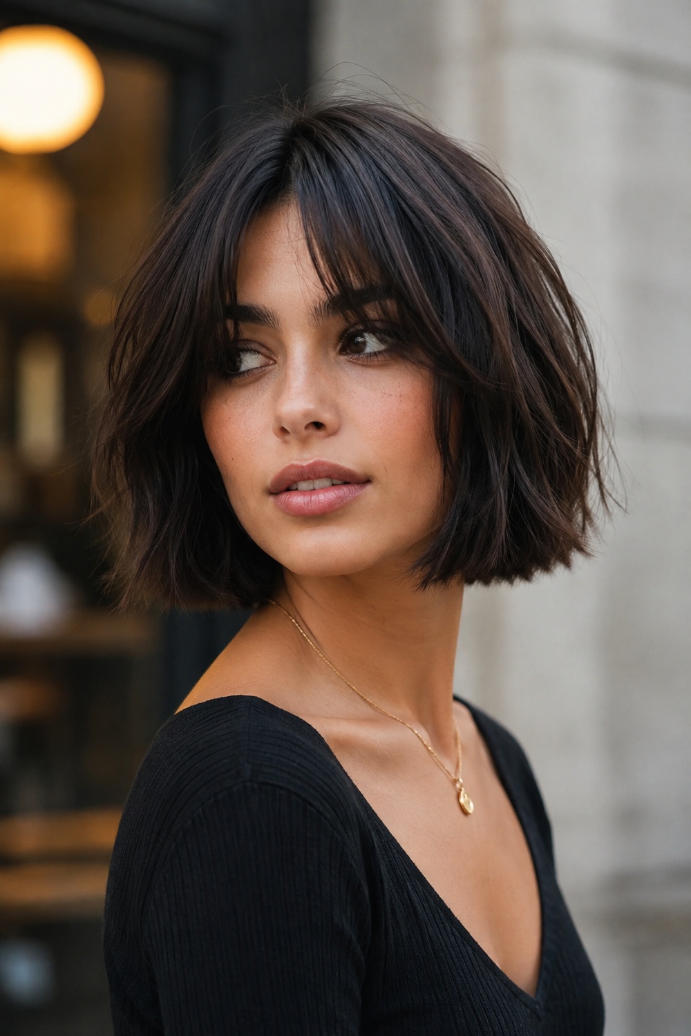 Italian bob with long curtain bangs reaching the cheekbones and blending into the sides.