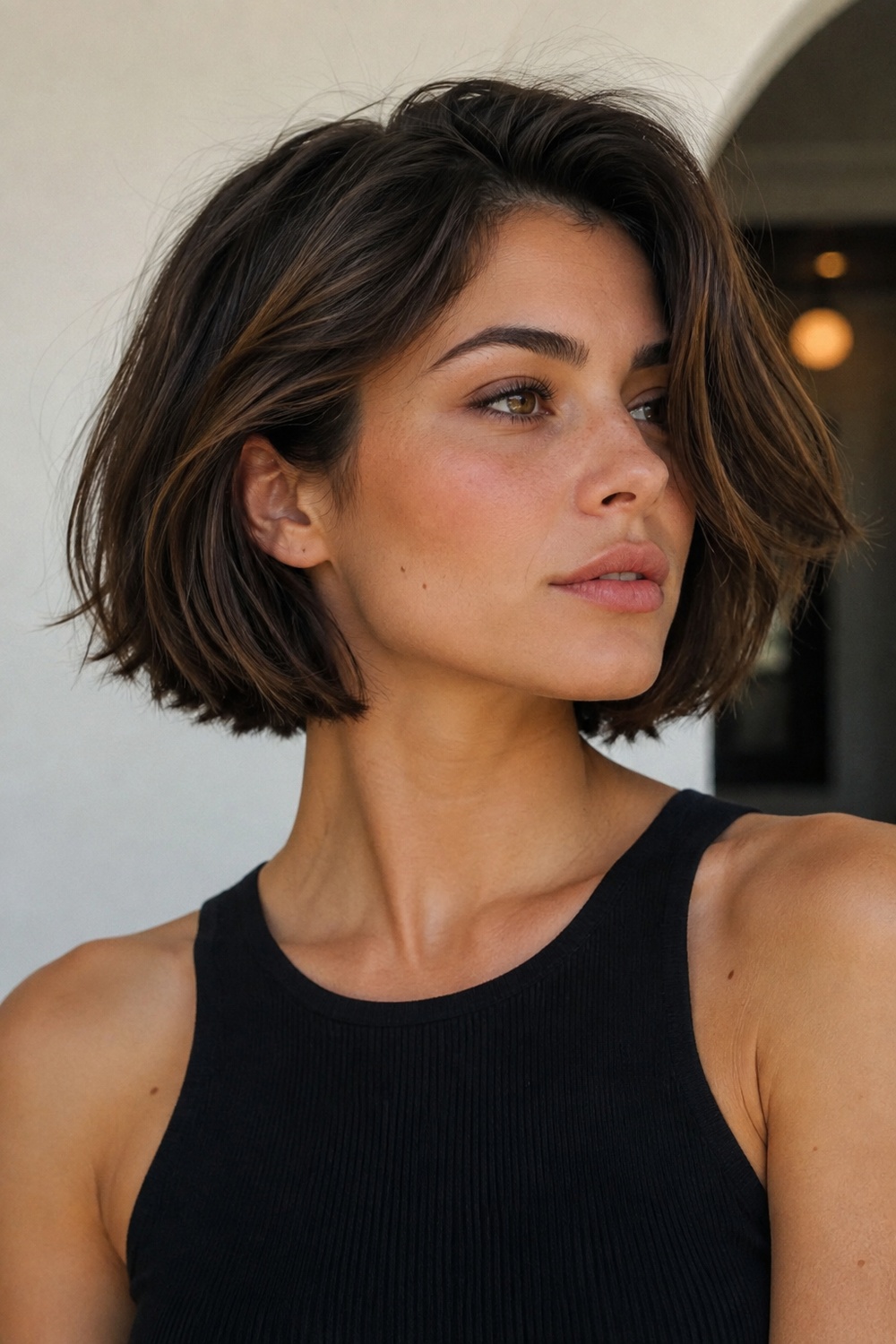 Italian bob with side-swept bangs that blend softly into the front of the haircut.