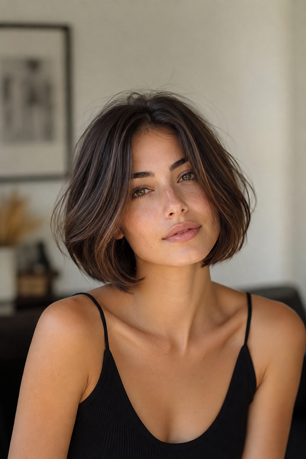 Italian bob with subtle internal layers that remove bulk while preserving a full outer shape.