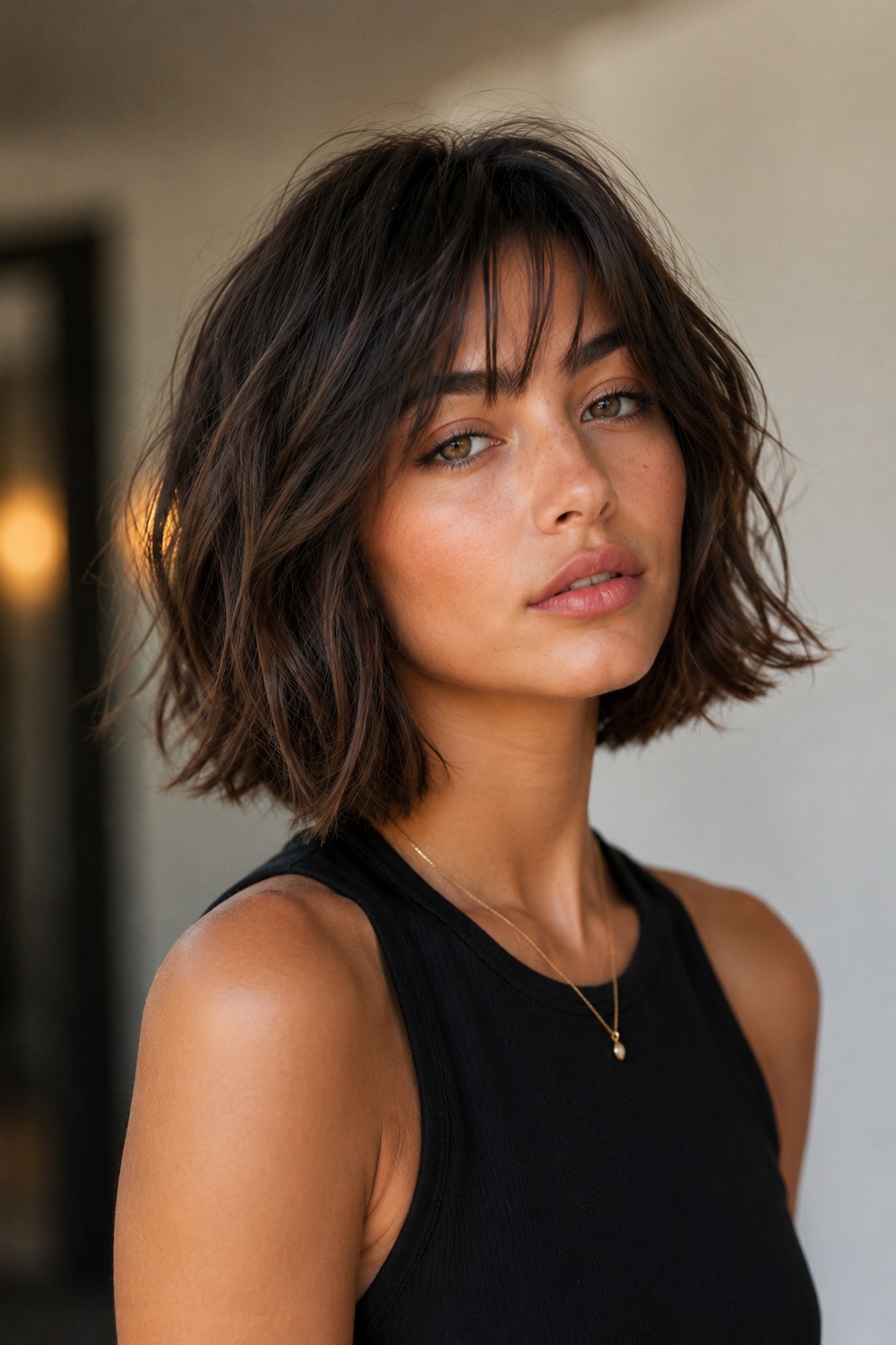 Italian bob worn with natural bends and soft texture for controlled effortless fullness.