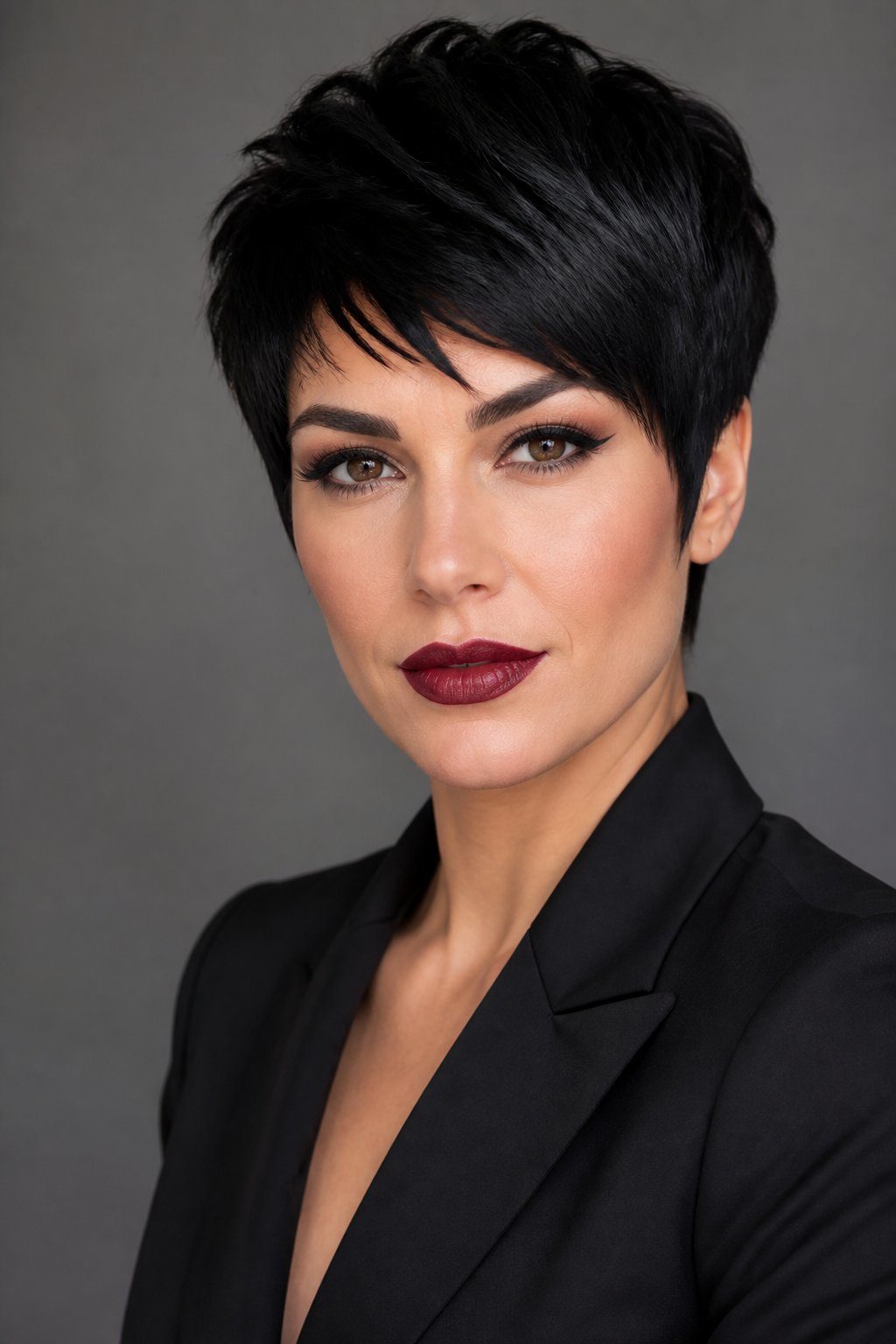 Jet-black pixie haircut with deep glossy color, sleek layers, and a crisp polished silhouette.
