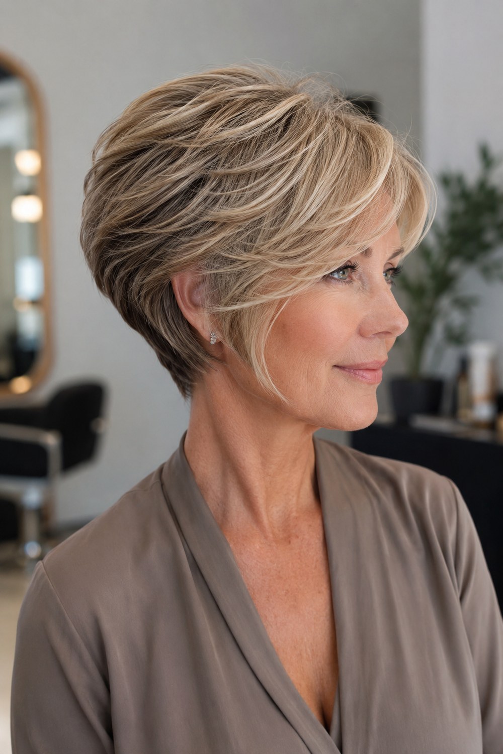 Layered blonde pixie bob with a soft side-swept fringe and feathered ends for an airy finish.