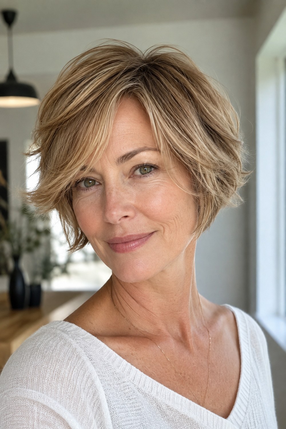 Layered blonde pixie bob with side-swept fringe and fuller sides, a flattering shape for a longer face.