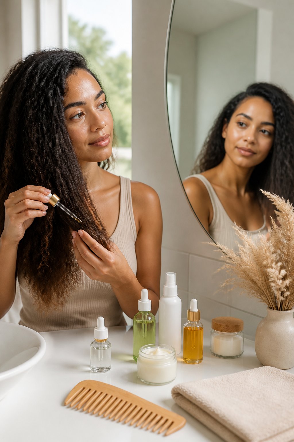 Lightweight leave-in conditioner, hair serum, and oil prepared for nighttime use.