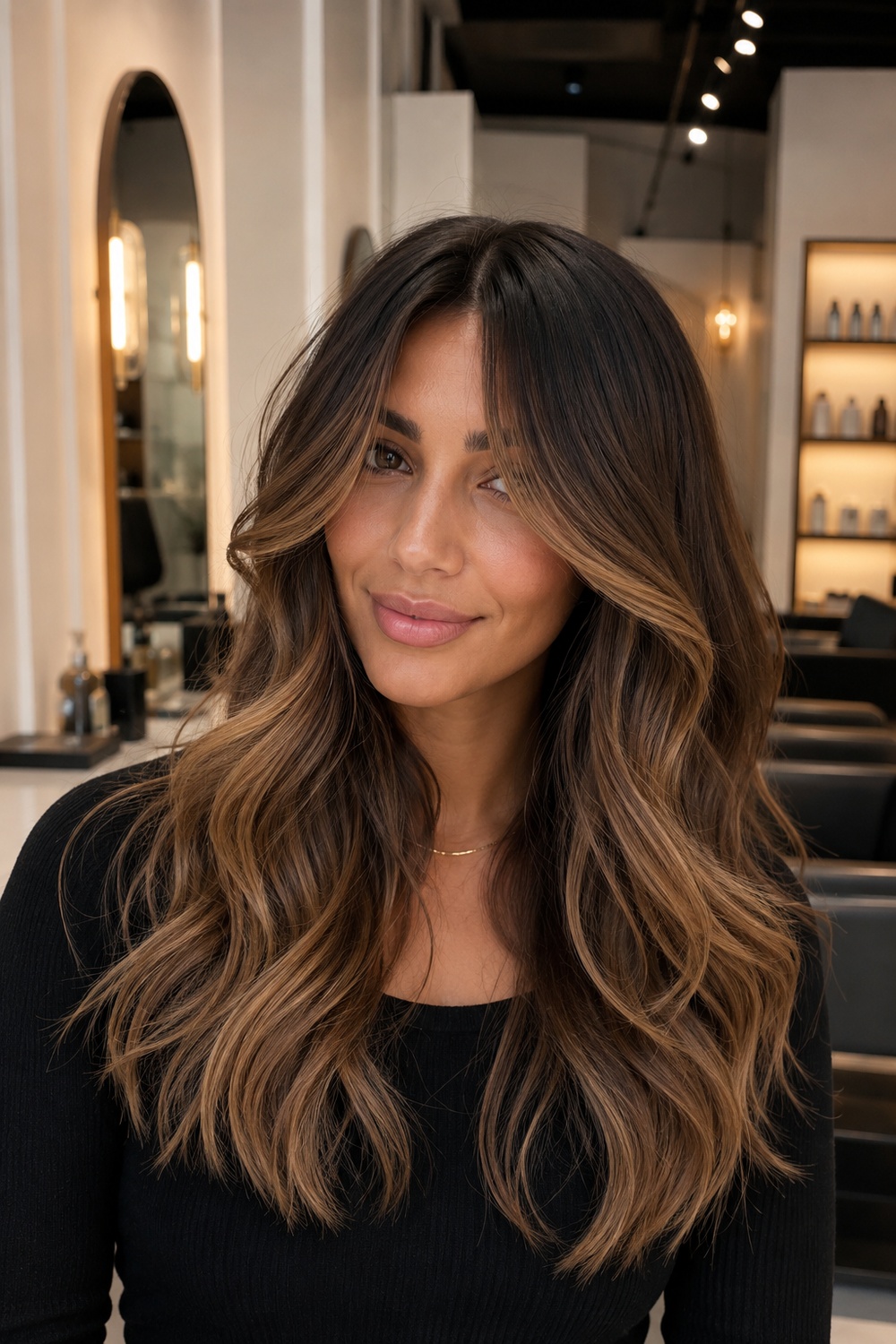 Long balayage waves with curtain bangs and caramel highlights.