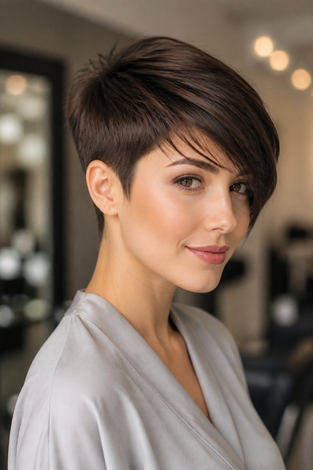 Long-bang pixie haircut with cropped sides and a dramatic longer fringe swept across the forehead.
