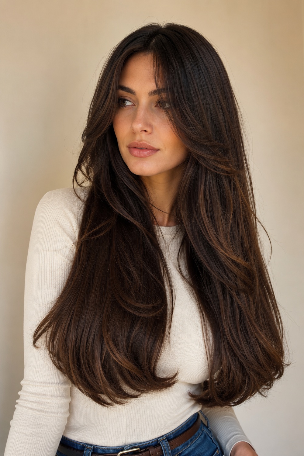 Long brunette hair with center-parted curtain bangs, cheekbone-length face framing, and a smooth glossy blowout.