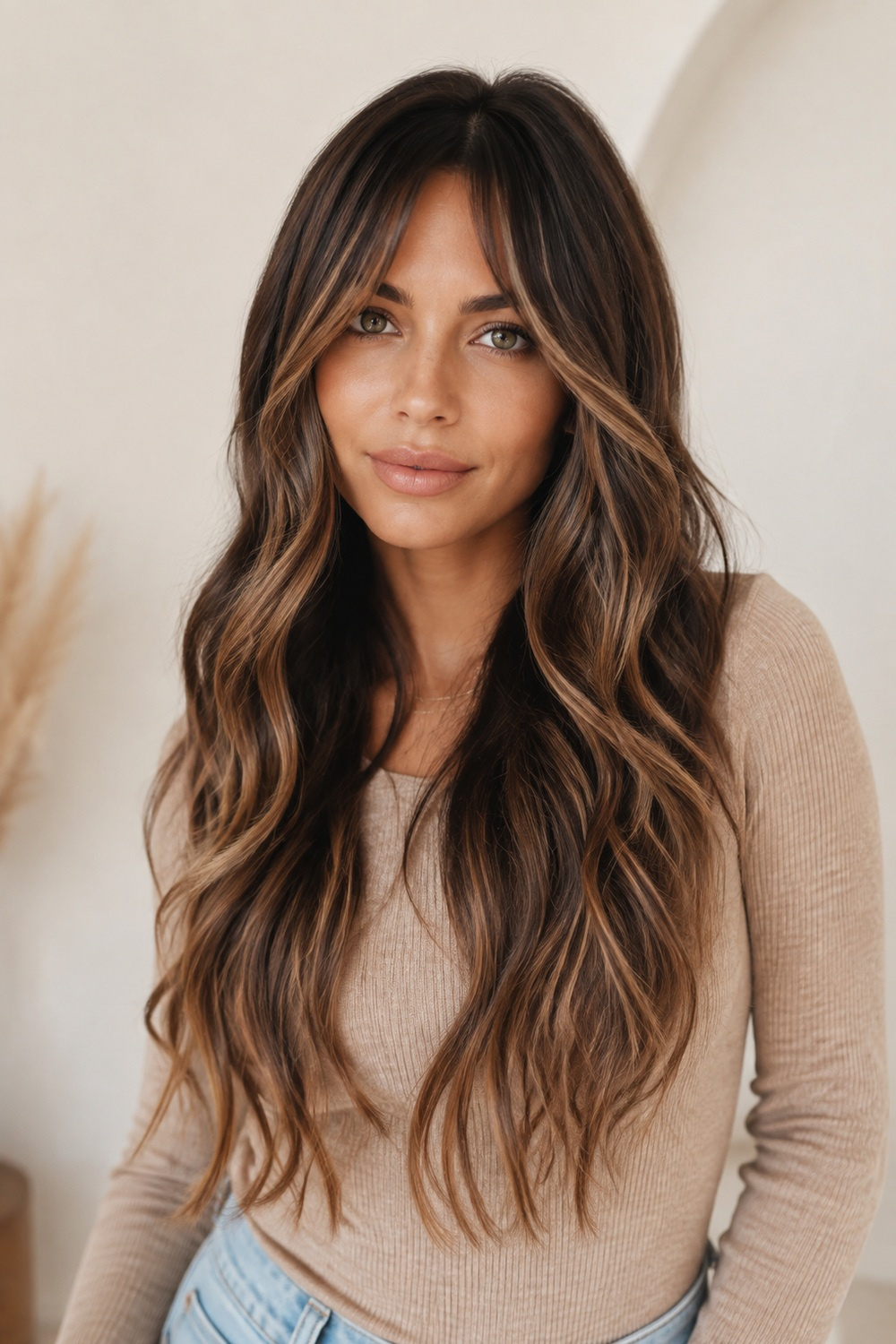 Long brunette-to-caramel balayage hair with highlighted long bangs, face-framing brightness, and loose layered waves.