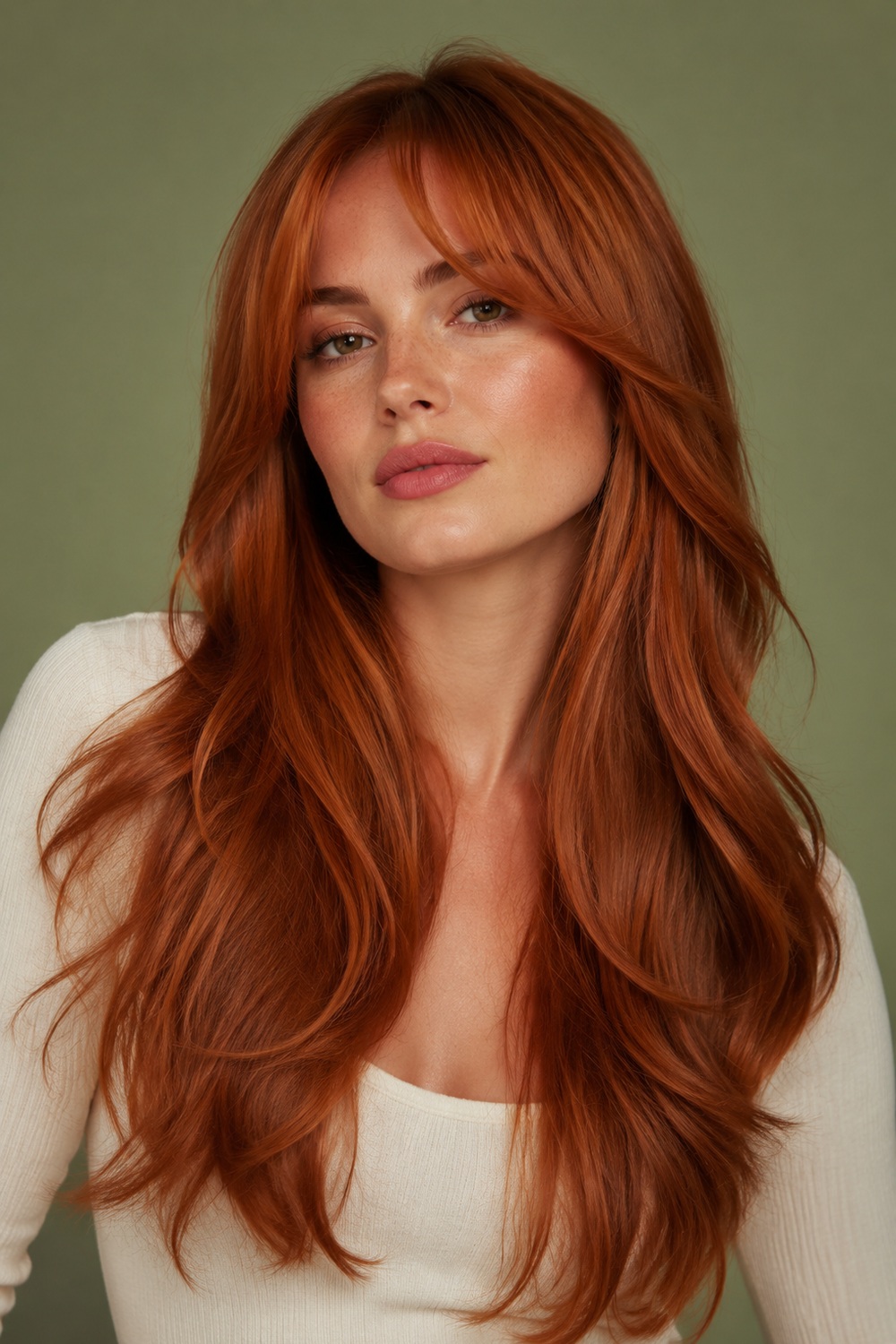 Long copper-red hair with feathered curtain bangs, warm shine, and loose polished waves.