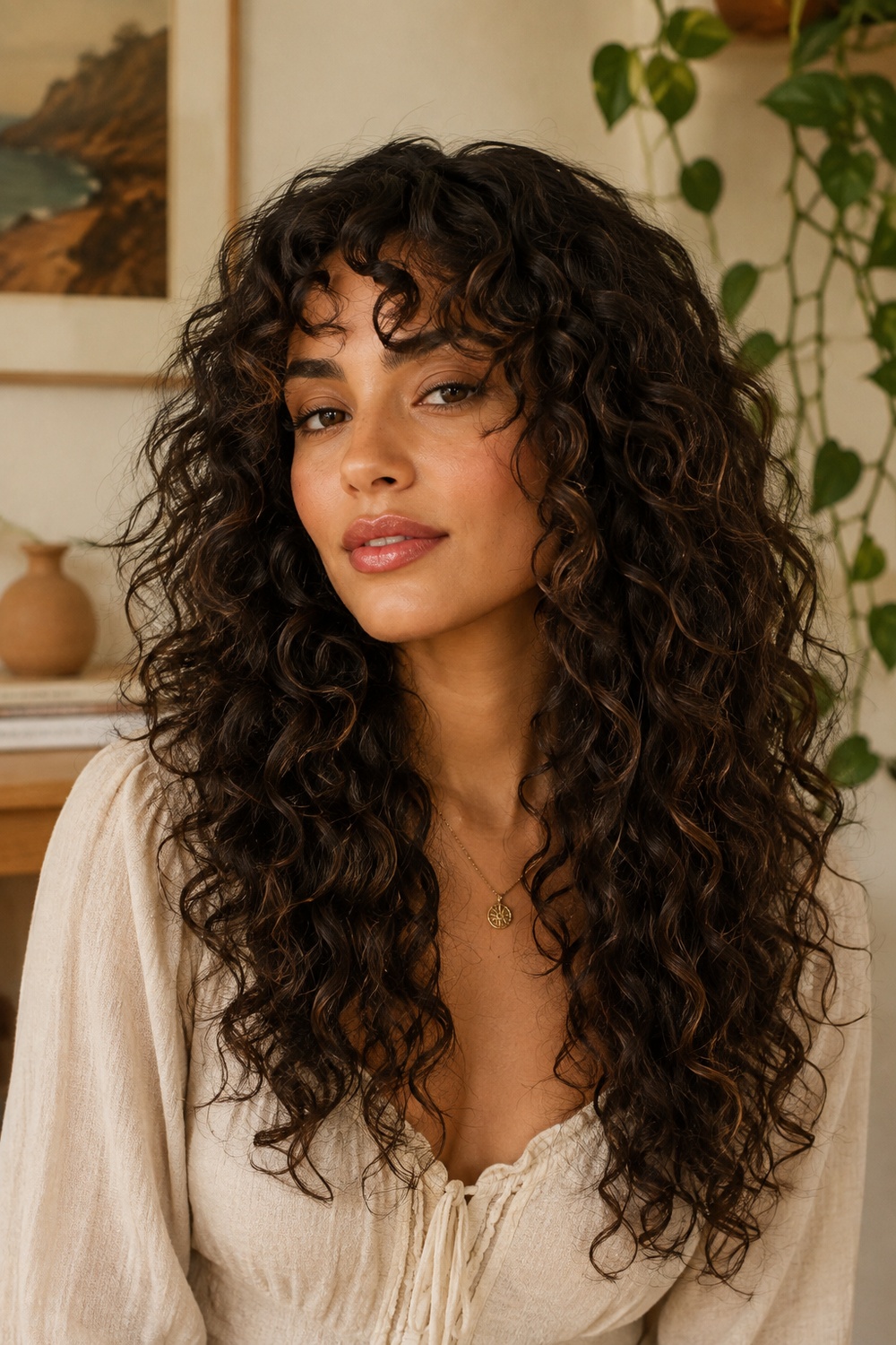 Long curly hair with curly curtain bangs and defined texture.