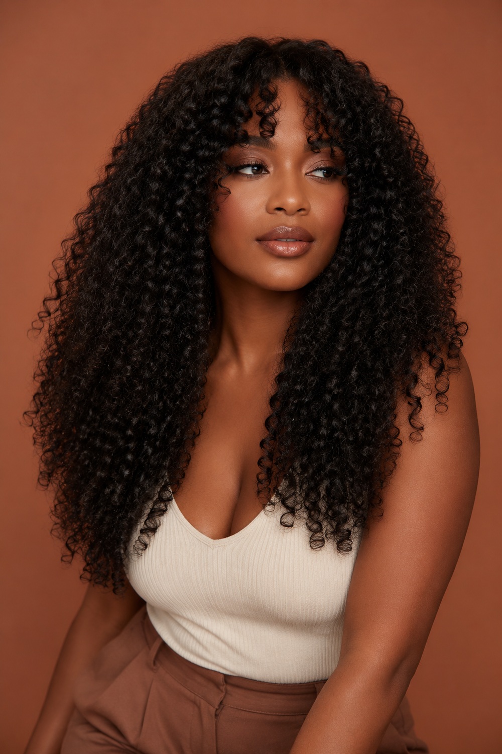 Long defined natural curls with a curly curtain fringe that opens softly at the center.