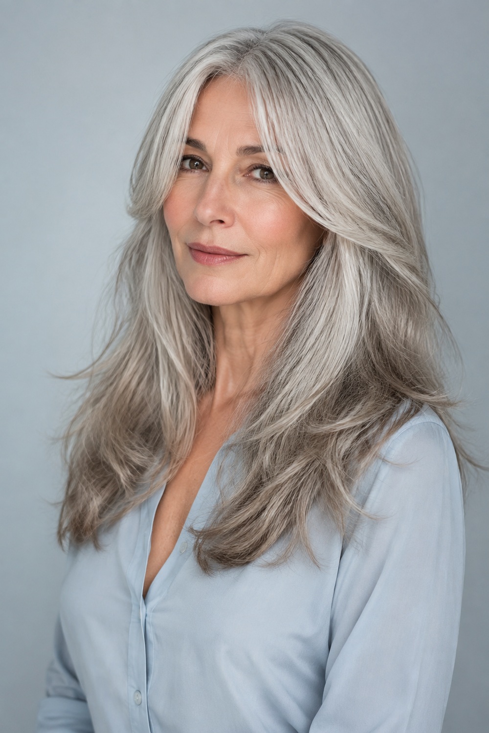 Long silver-gray hair with soft cheekbone curtain bangs, healthy layered fullness, and a refined blowout.