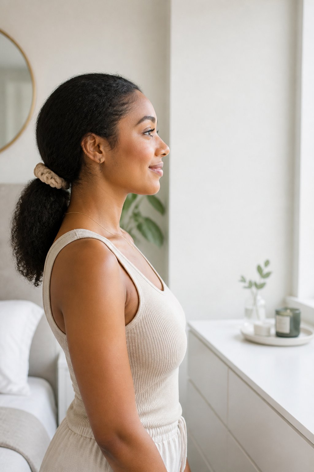 Loose protective hairstyle designed to reduce tension, breakage, and damage at the hairline.