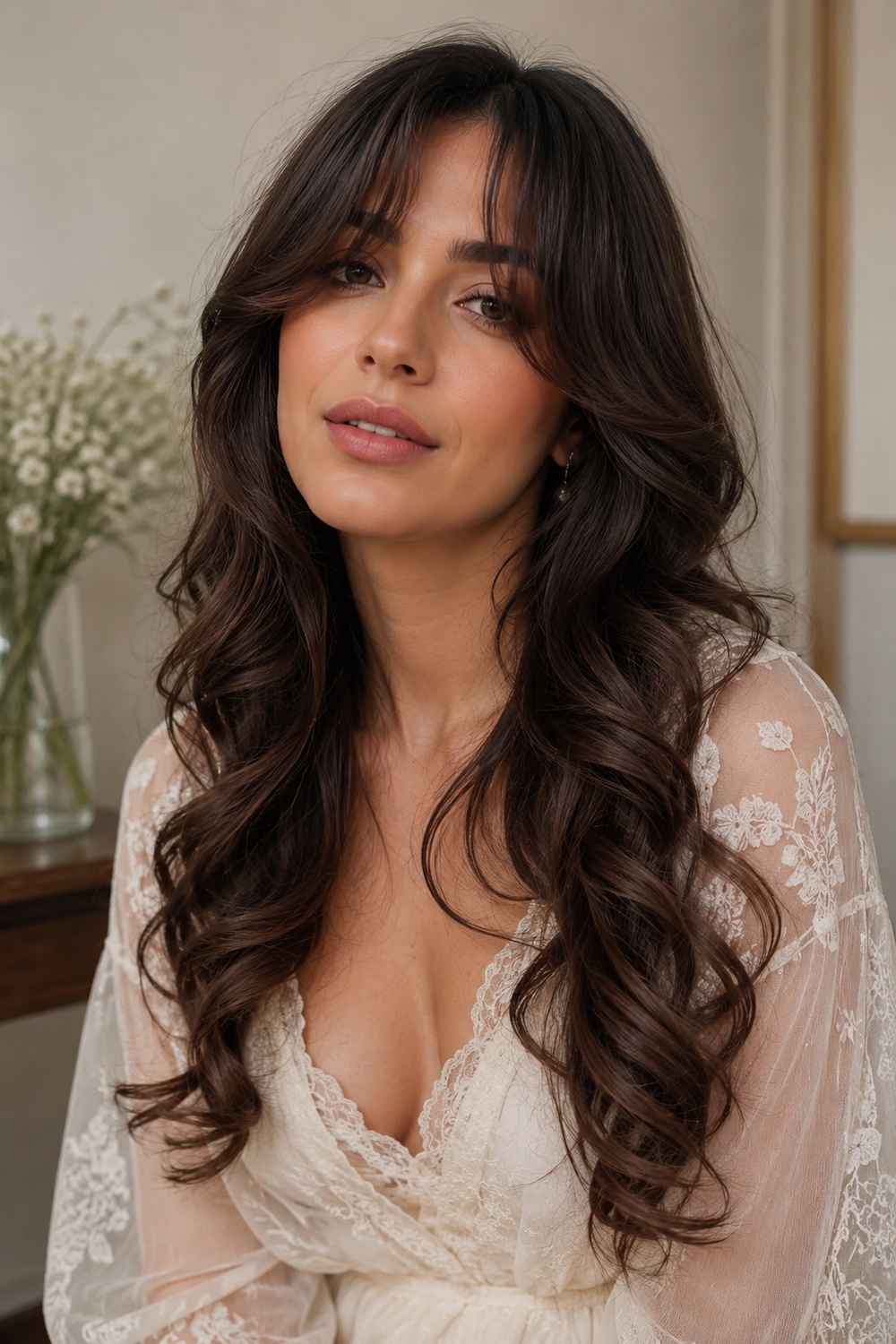 Mature chic long hairstyle with curtain bangs and soft movement.