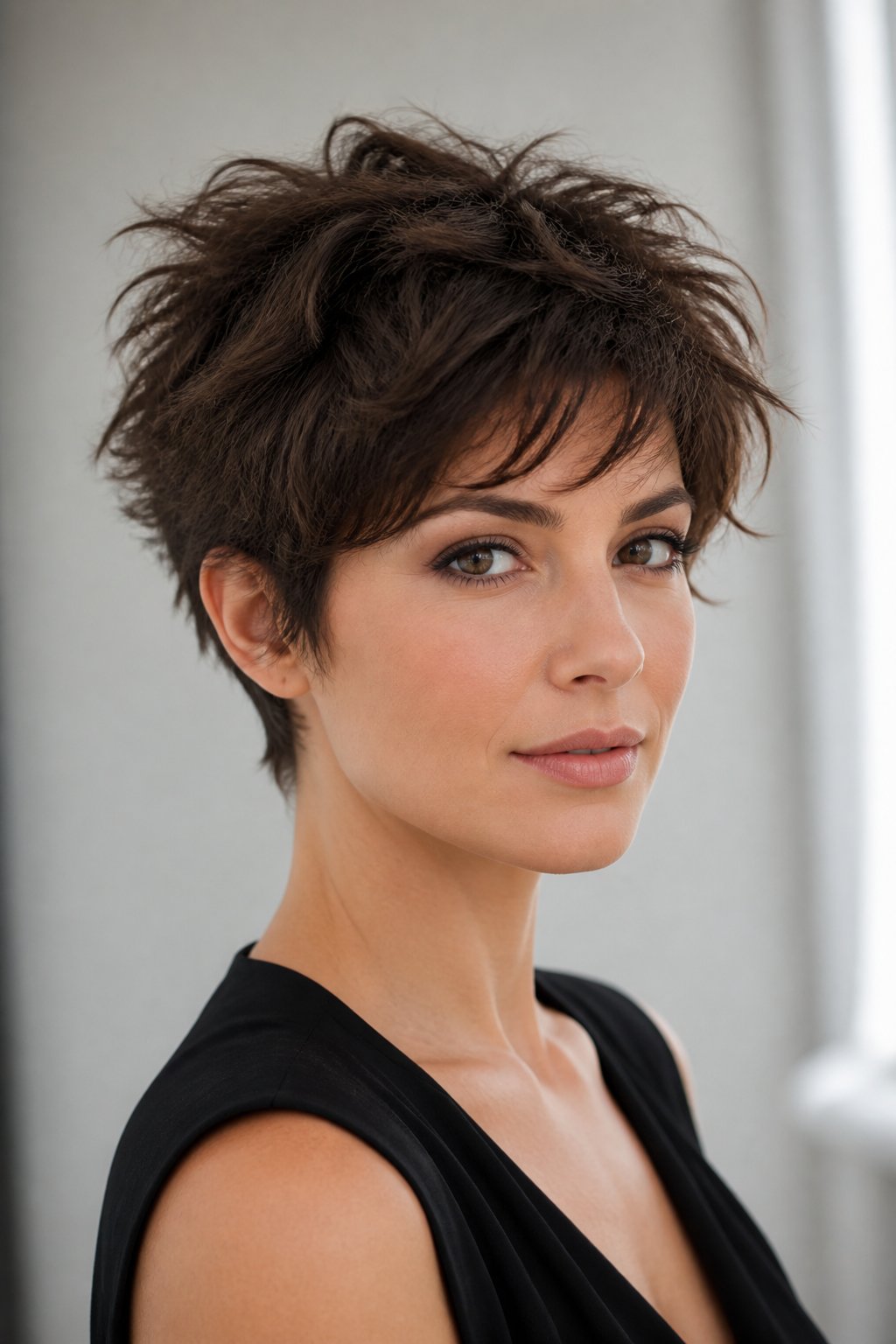 Messy pixie haircut with intentionally tousled texture and softly separated pieces for an effortless look.