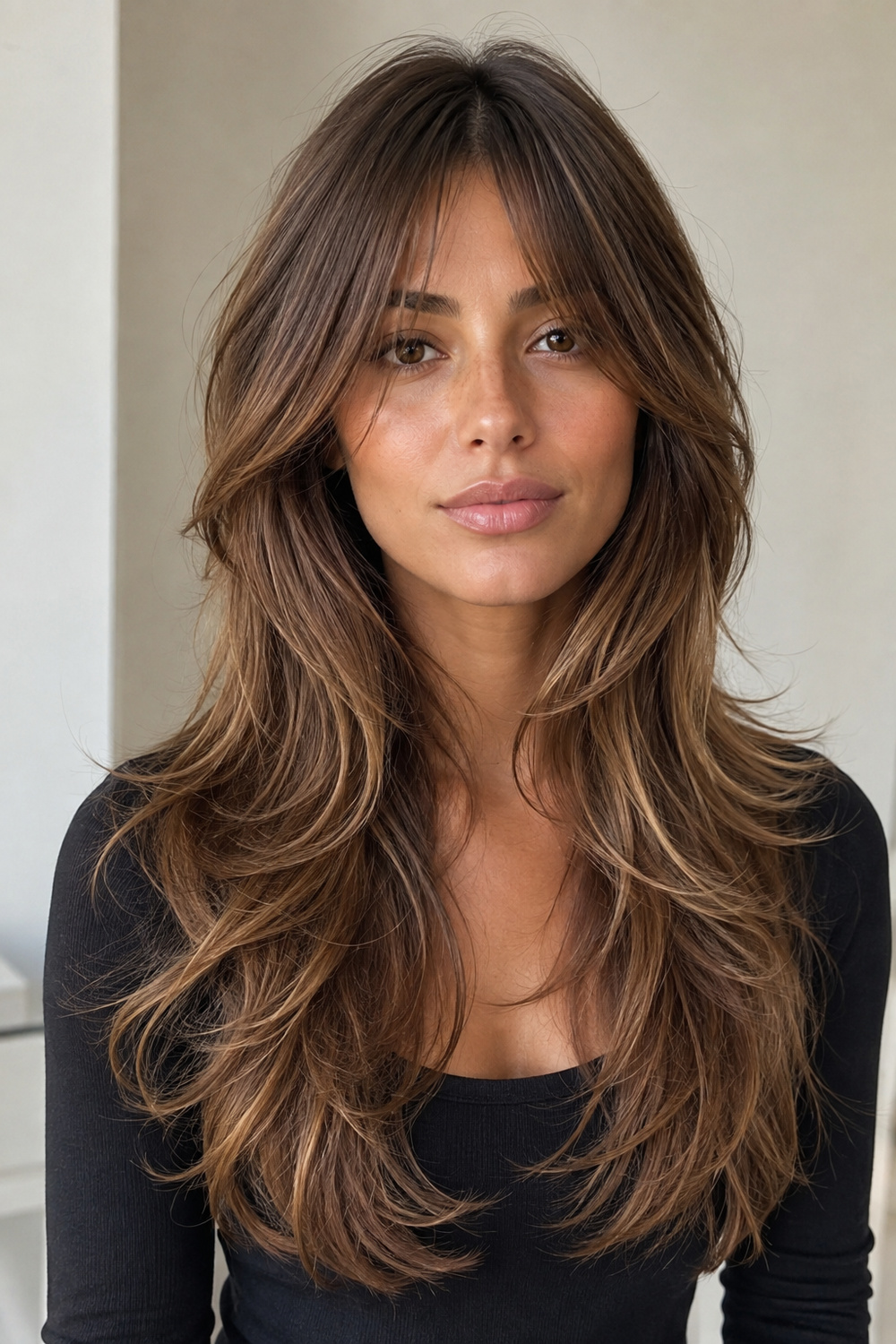 Mexican-inspired woman with sleek layered hair and soft face-framing bangs.