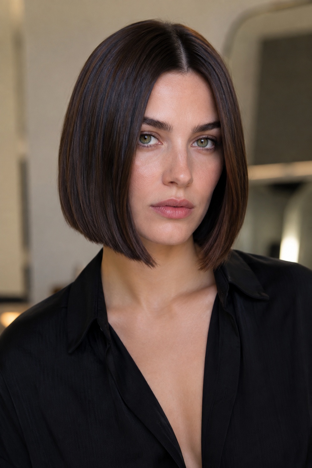 Minimal-layer Italian bob with a dense mostly one-length shape and subtle internal movement.