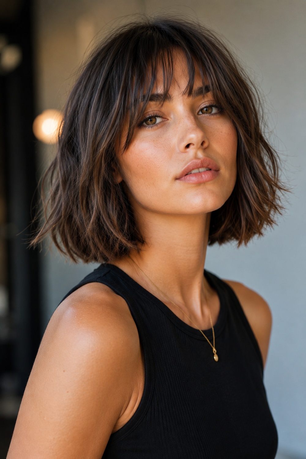 Modern Italian bob with full ends, subtle layers, natural volume, and soft movement.
