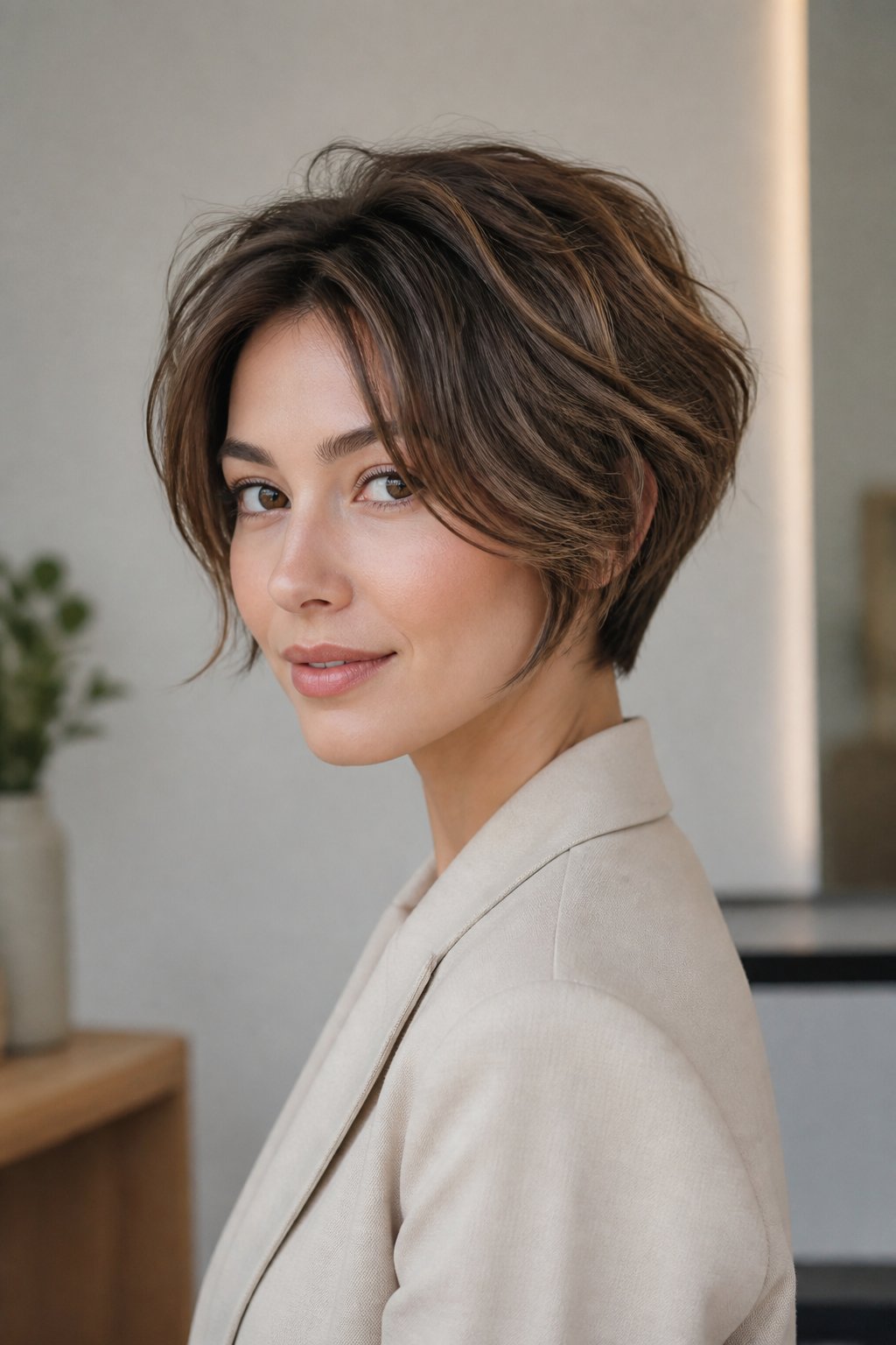 Pixie bob haircut with slightly longer face-framing sides and a cropped bob-like silhouette.