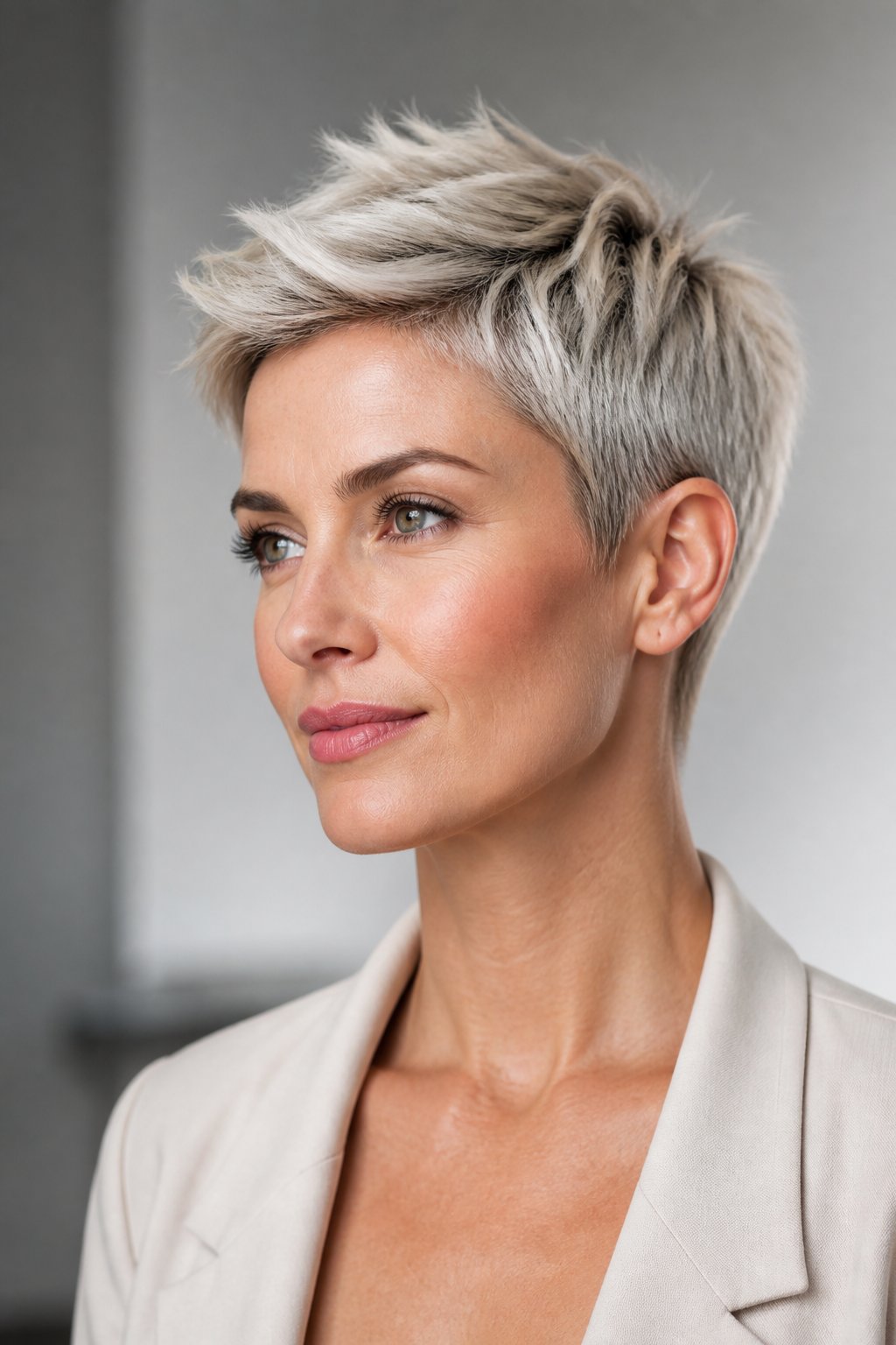 Platinum pixie haircut in an icy near-white blonde shade with bold high-contrast short layers.