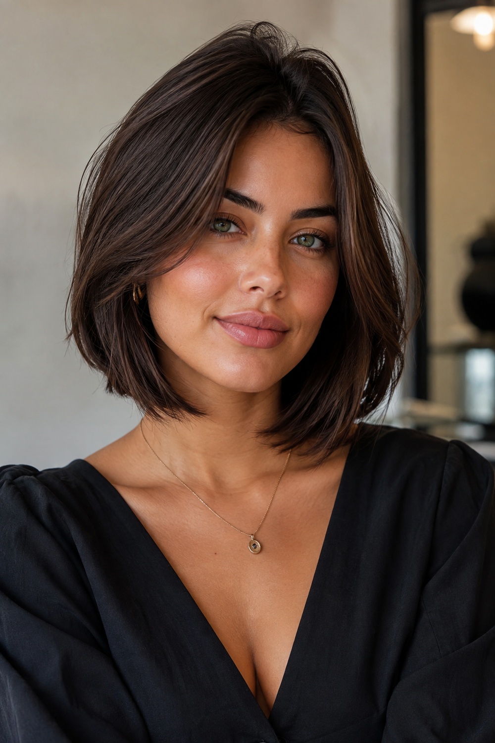 Polished rounded Italian bob with softly curved ends and a smooth feminine silhouette.
