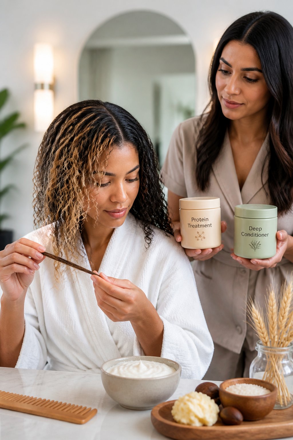 Protein and deep-conditioning hair treatments arranged for occasional use.