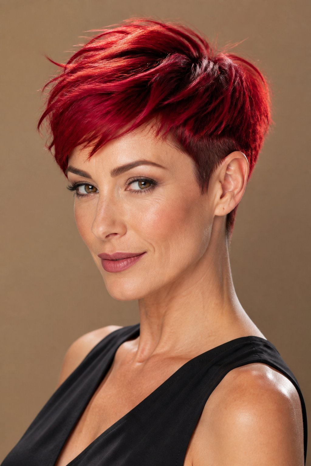 Red pixie haircut in a vibrant cherry-ruby shade with a bold glossy short-cut finish.